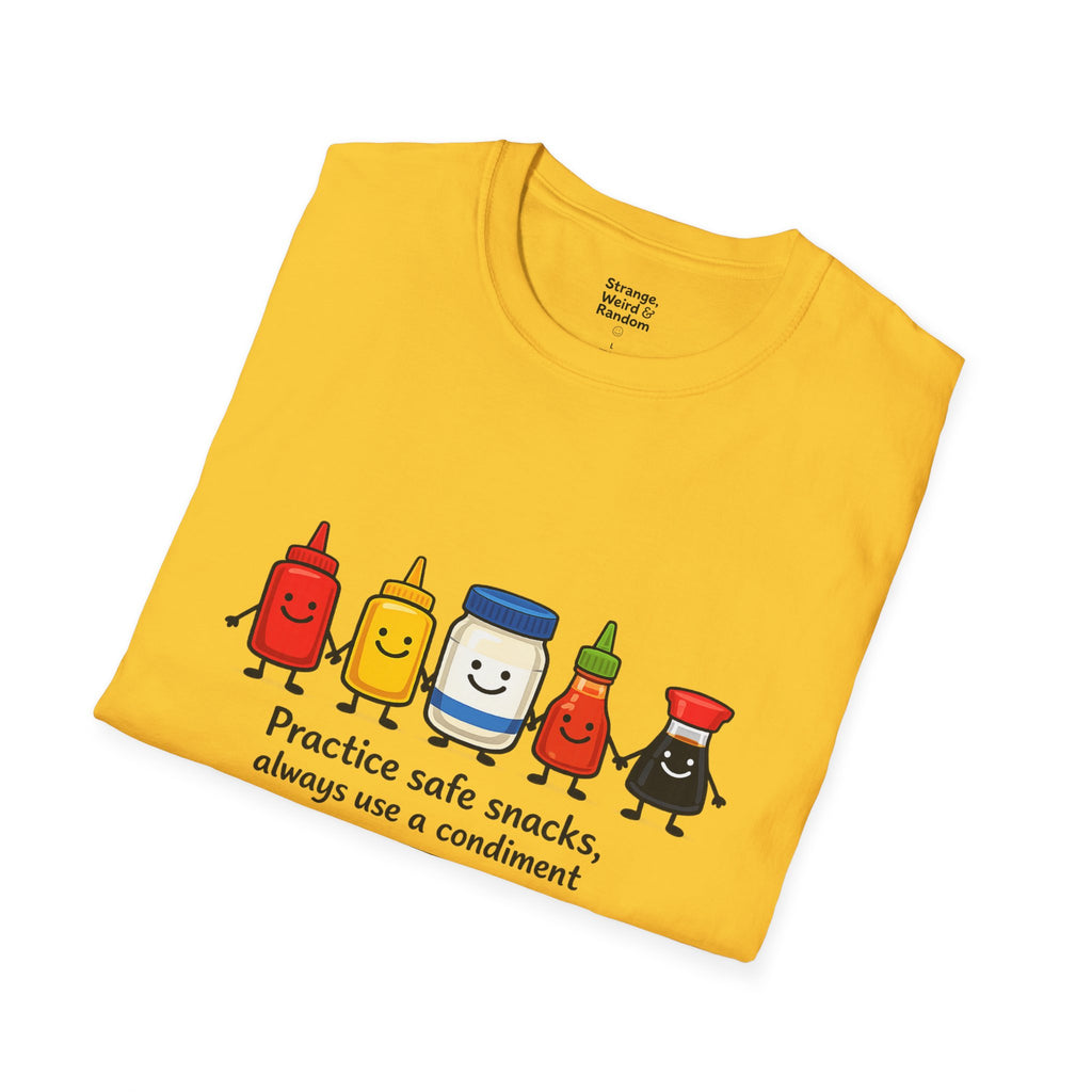 Practice Safe Snacks condiment characters T-Shirt | Ketchup Mustard Peanut Butter Jelly