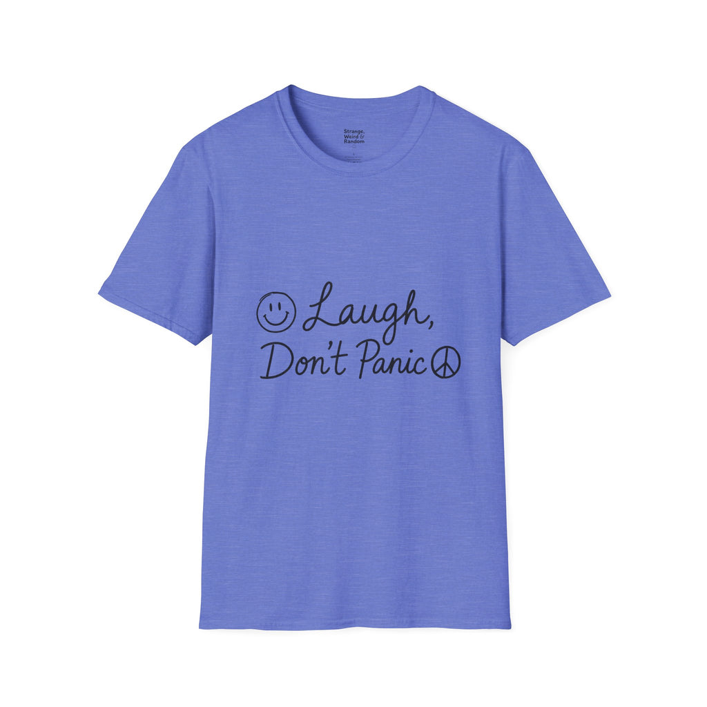 Laugh Don't Panic T-Shirt | Smiley Peace Sign Typography