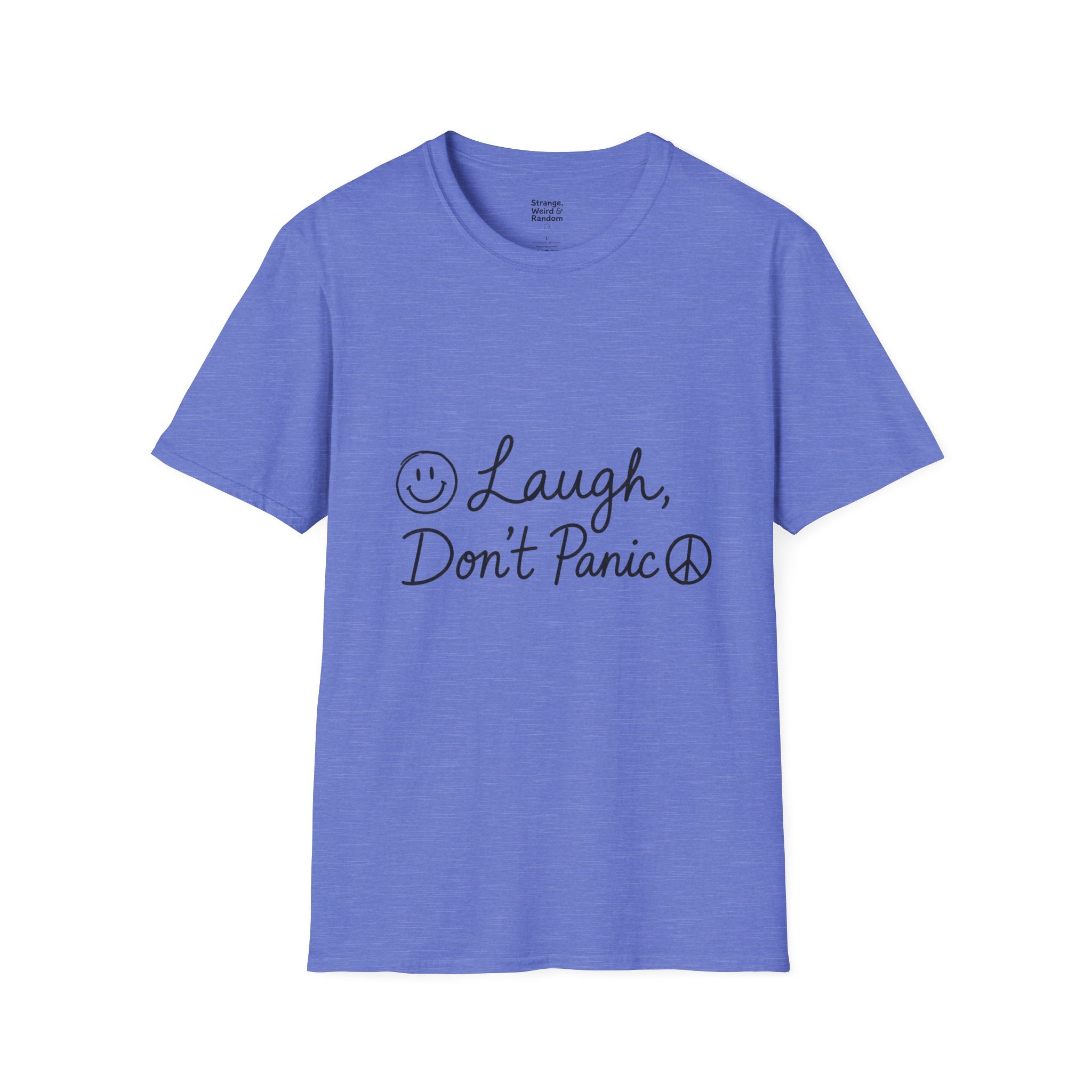 Laugh Don't Panic T-Shirt | Smiley Peace Sign Typography