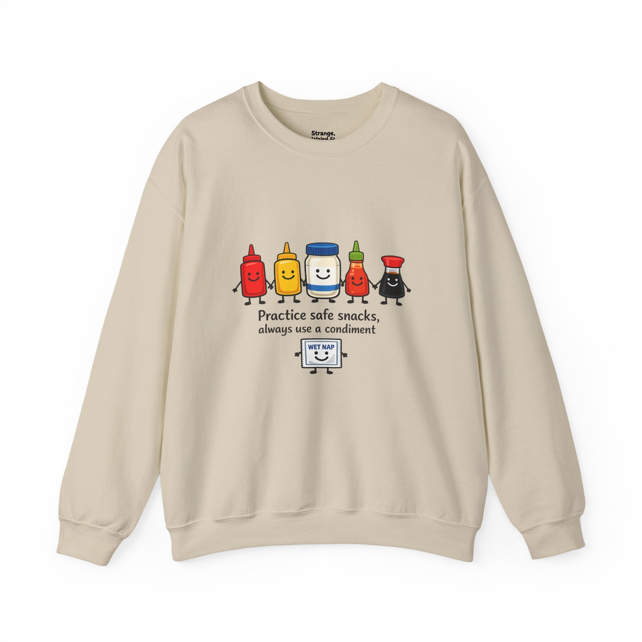 Condiment Cartoon 'Practice Safe Snacks' Sweatshirt | Ketchup Mustard Mayo Funny Food Design