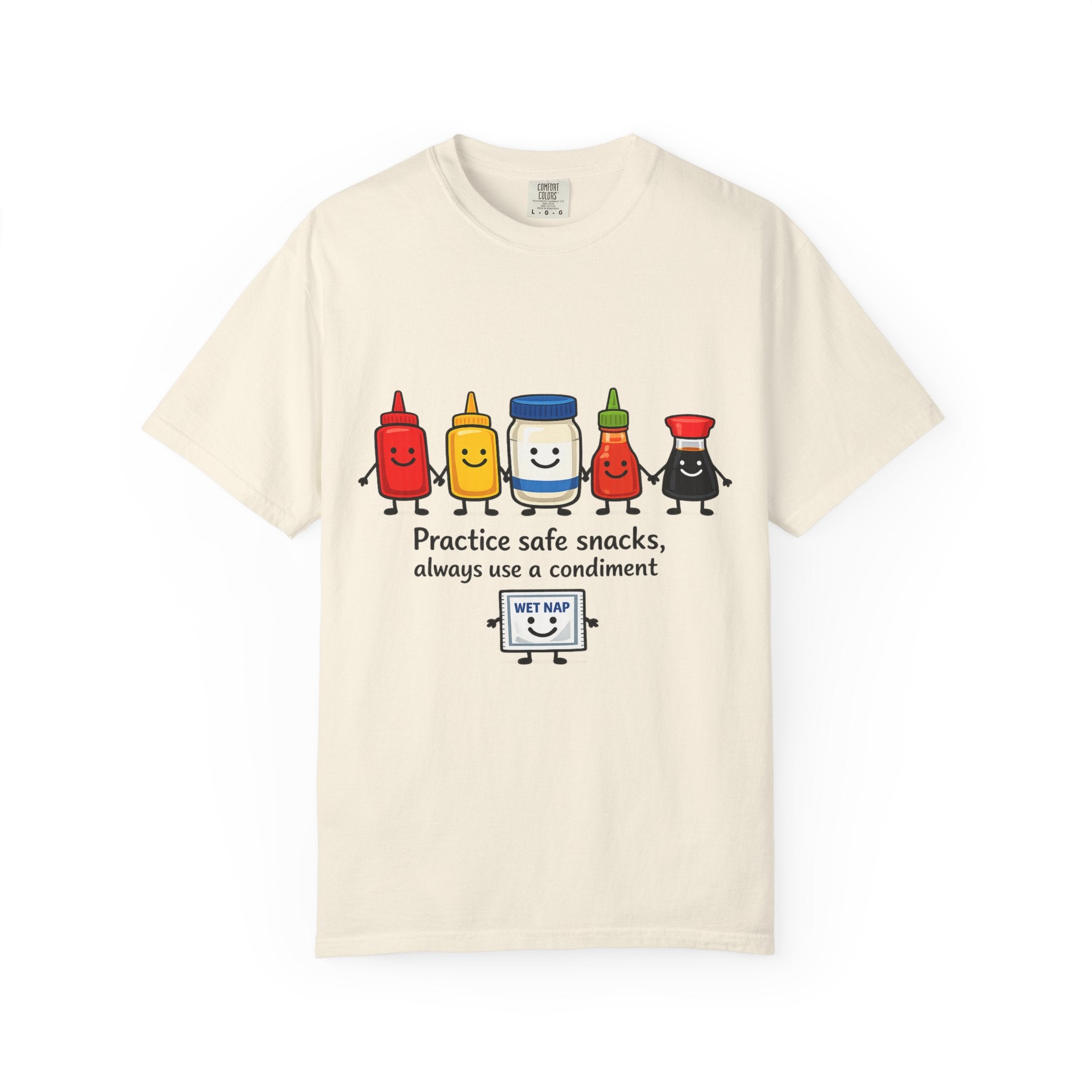 Condom Cartoon T-Shirt — "Practice Safe Snacks" Funny Safe Sex Graphic Tee