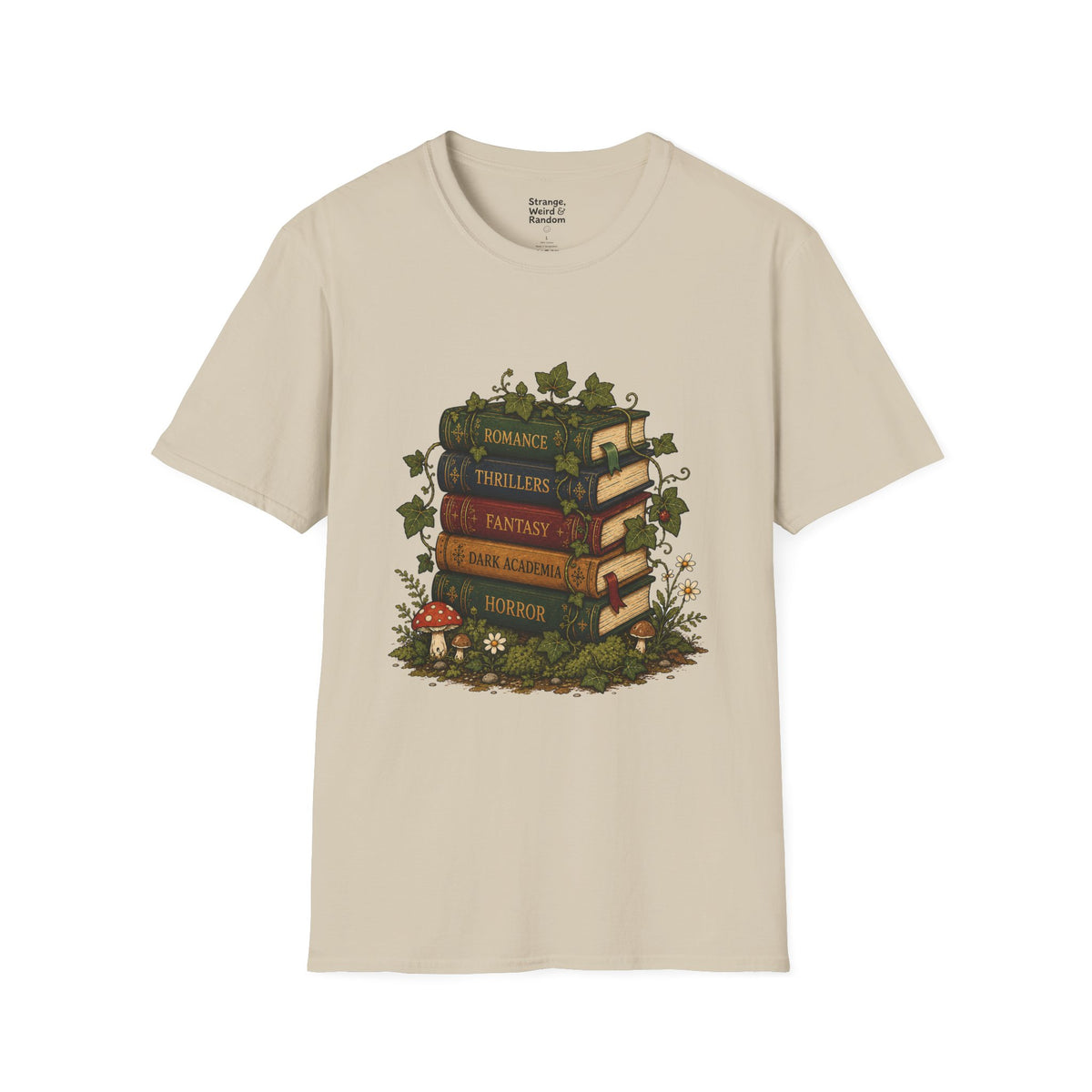 Book Lover T-Shirt — Vintage Stacked Books Design (Romance, Thrillers, Fantasy)