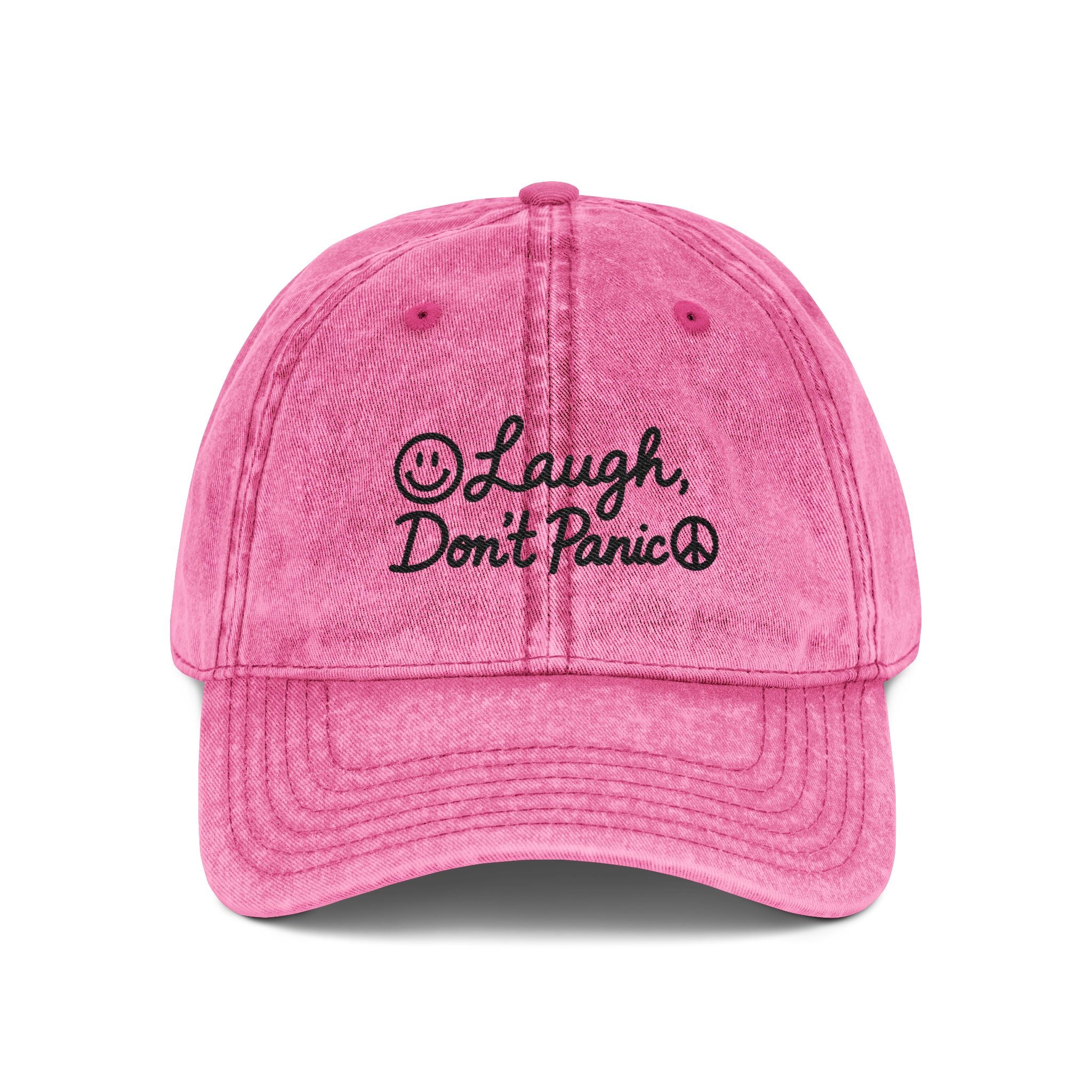 Vintage Embroidered Cap — "Laugh, Don’t Panic" Red Distressed Hat