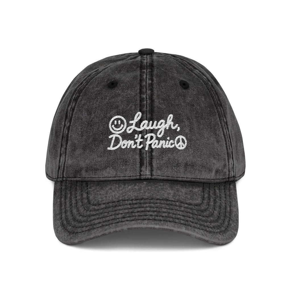 Vintage Red Embroidered Cap – “Laugh Don’t Panic” Smiley Dad Hat