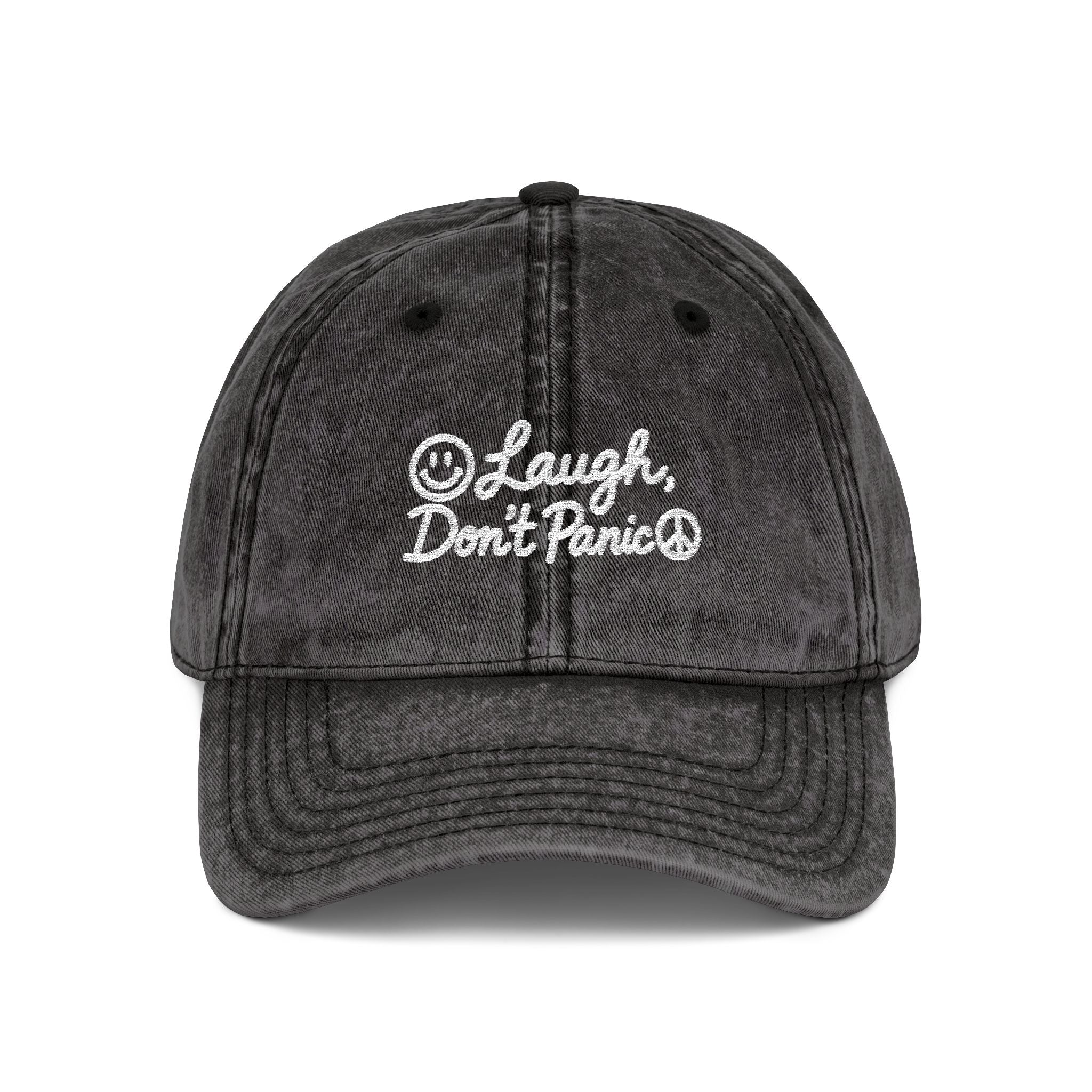 Vintage Red Embroidered Cap – “Laugh Don’t Panic” Smiley Dad Hat