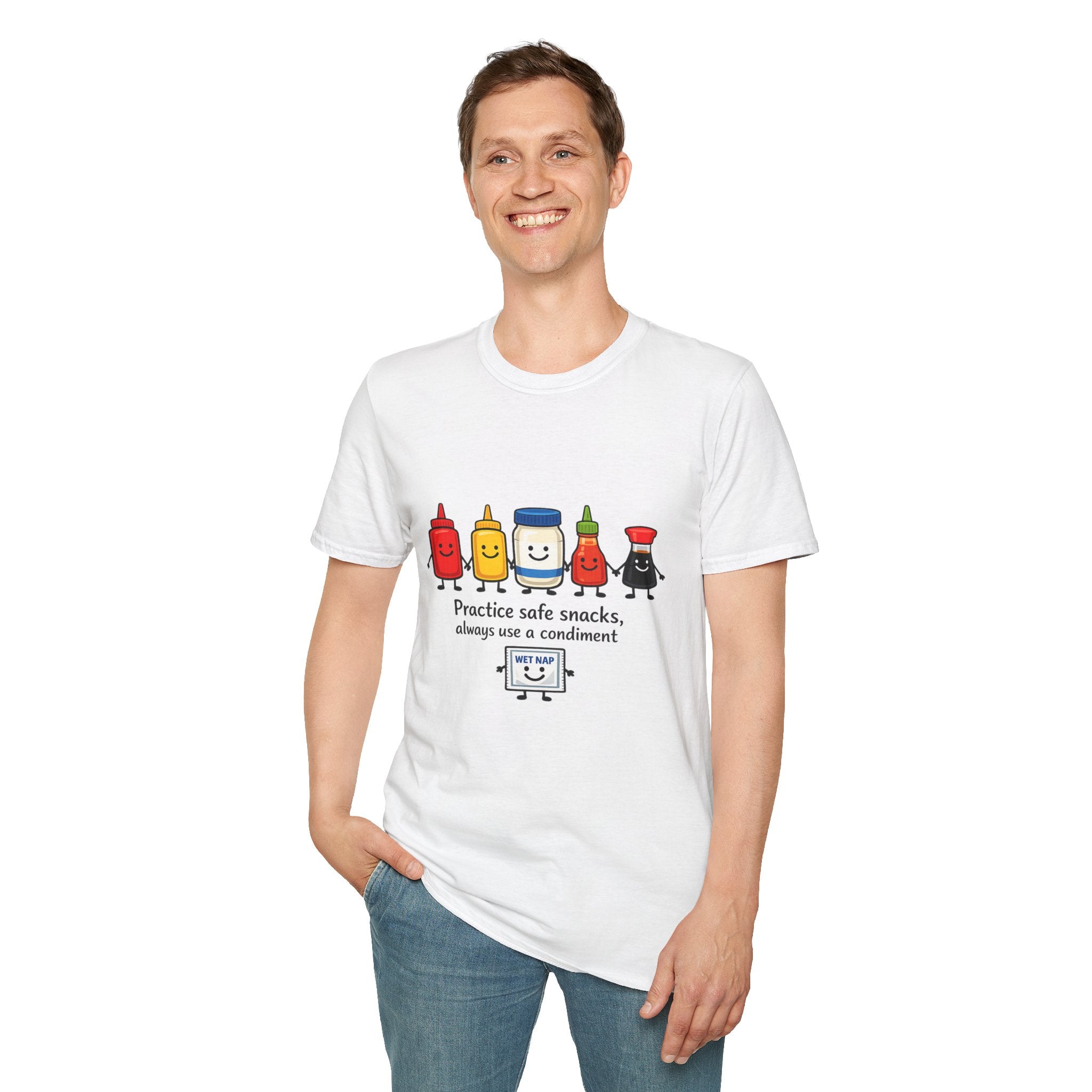 Practice Safe Snacks condiment characters T-Shirt | Ketchup Mustard Peanut Butter Jelly