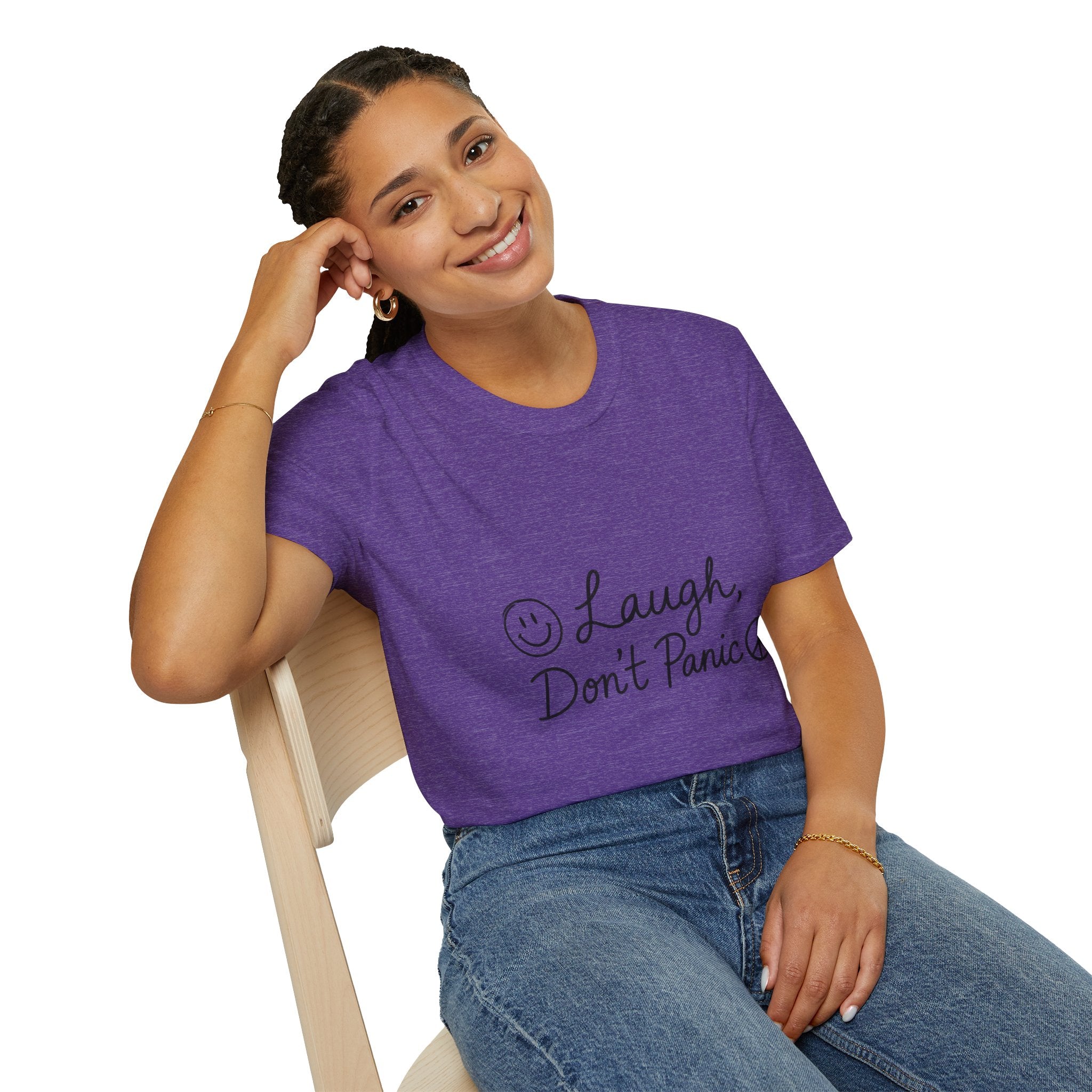 Laugh Don't Panic T-Shirt | Smiley Peace Sign Typography