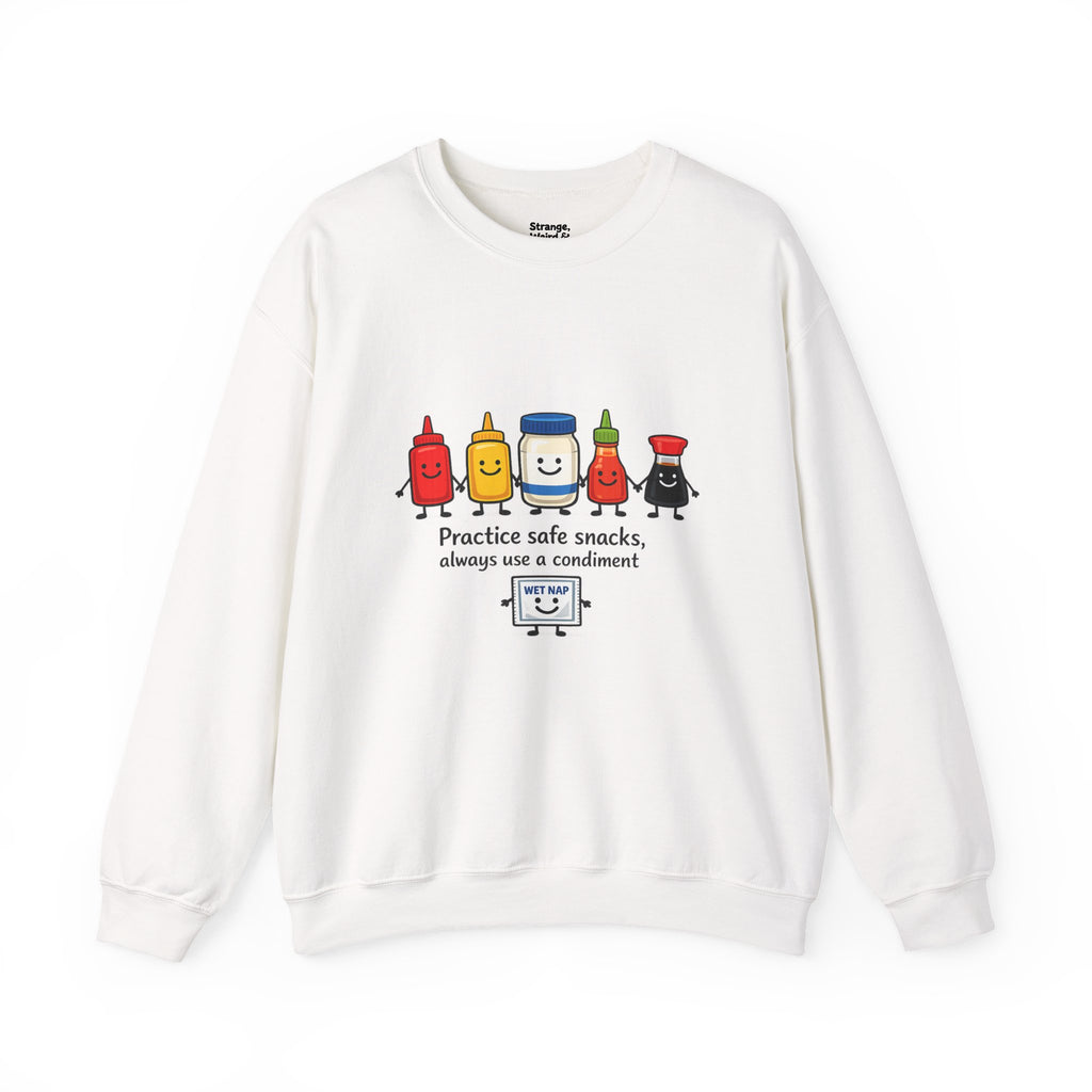 Condiment Cartoon 'Practice Safe Snacks' Sweatshirt | Ketchup Mustard Mayo Funny Food Design