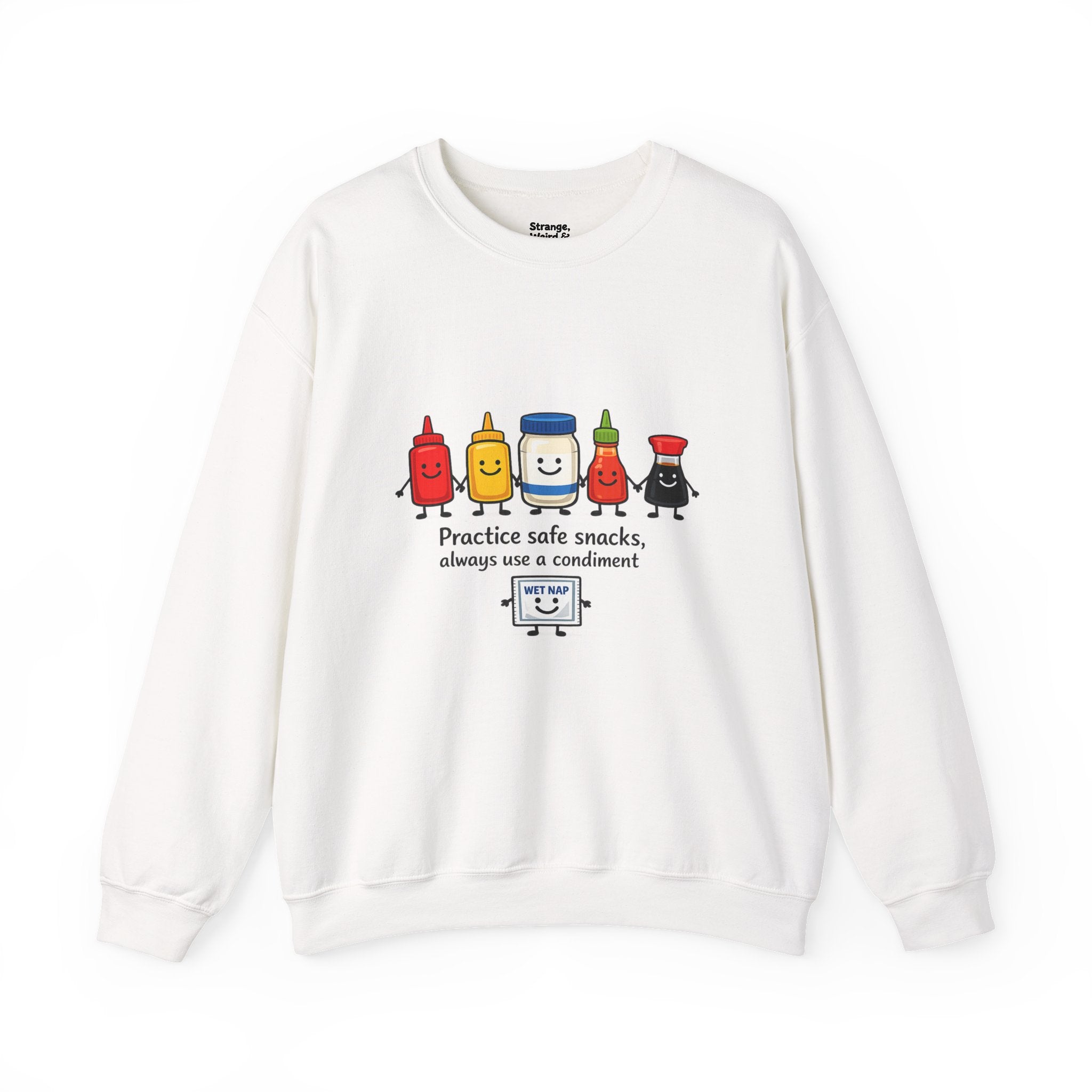Condiment Cartoon 'Practice Safe Snacks' Sweatshirt | Ketchup Mustard Mayo Funny Food Design