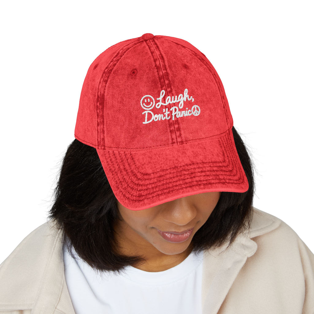 Vintage Red Embroidered Cap – “Laugh Don’t Panic” Smiley Dad Hat