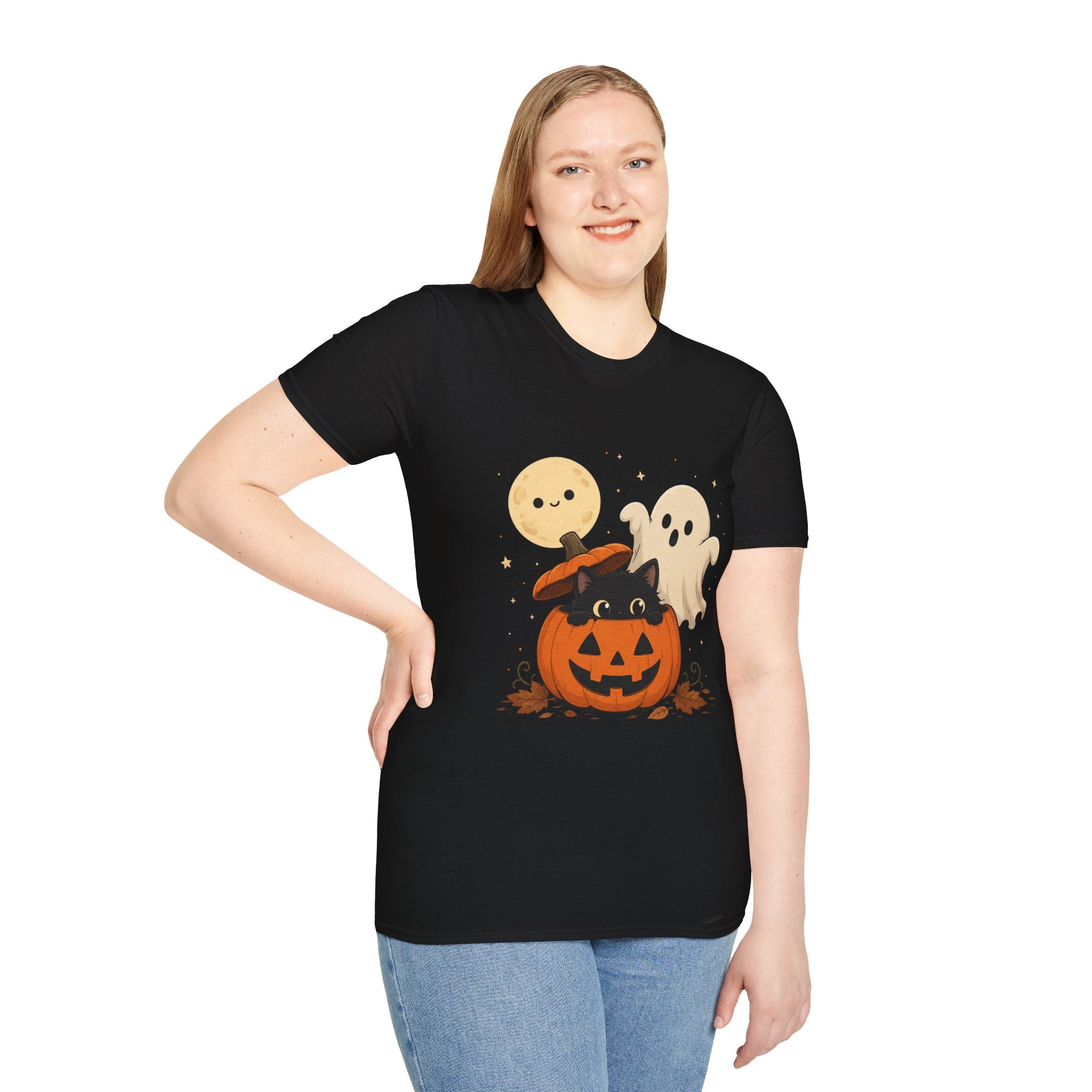Cute Halloween Pumpkin Tee — Ghost, Moon & Black Cat Graphic T-Shirt