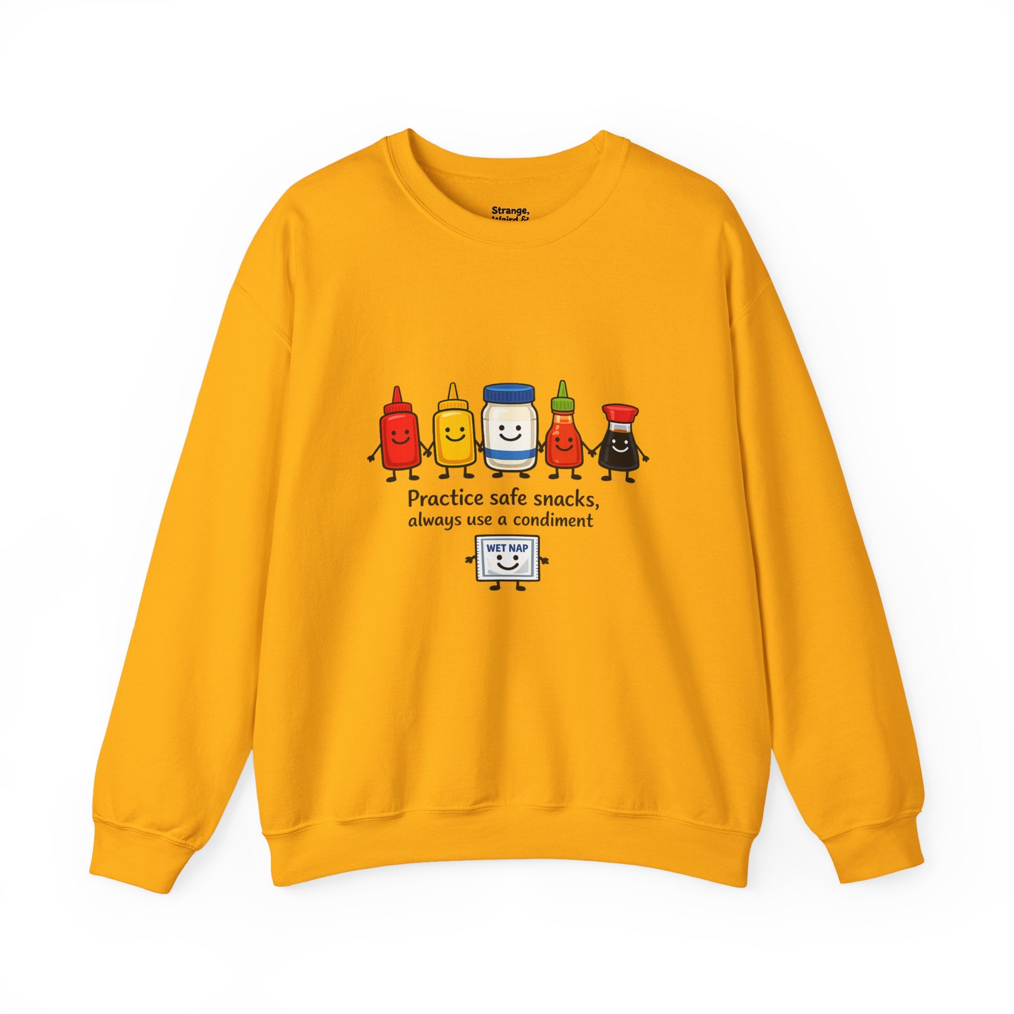 Condiment Cartoon 'Practice Safe Snacks' Sweatshirt | Ketchup Mustard Mayo Funny Food Design