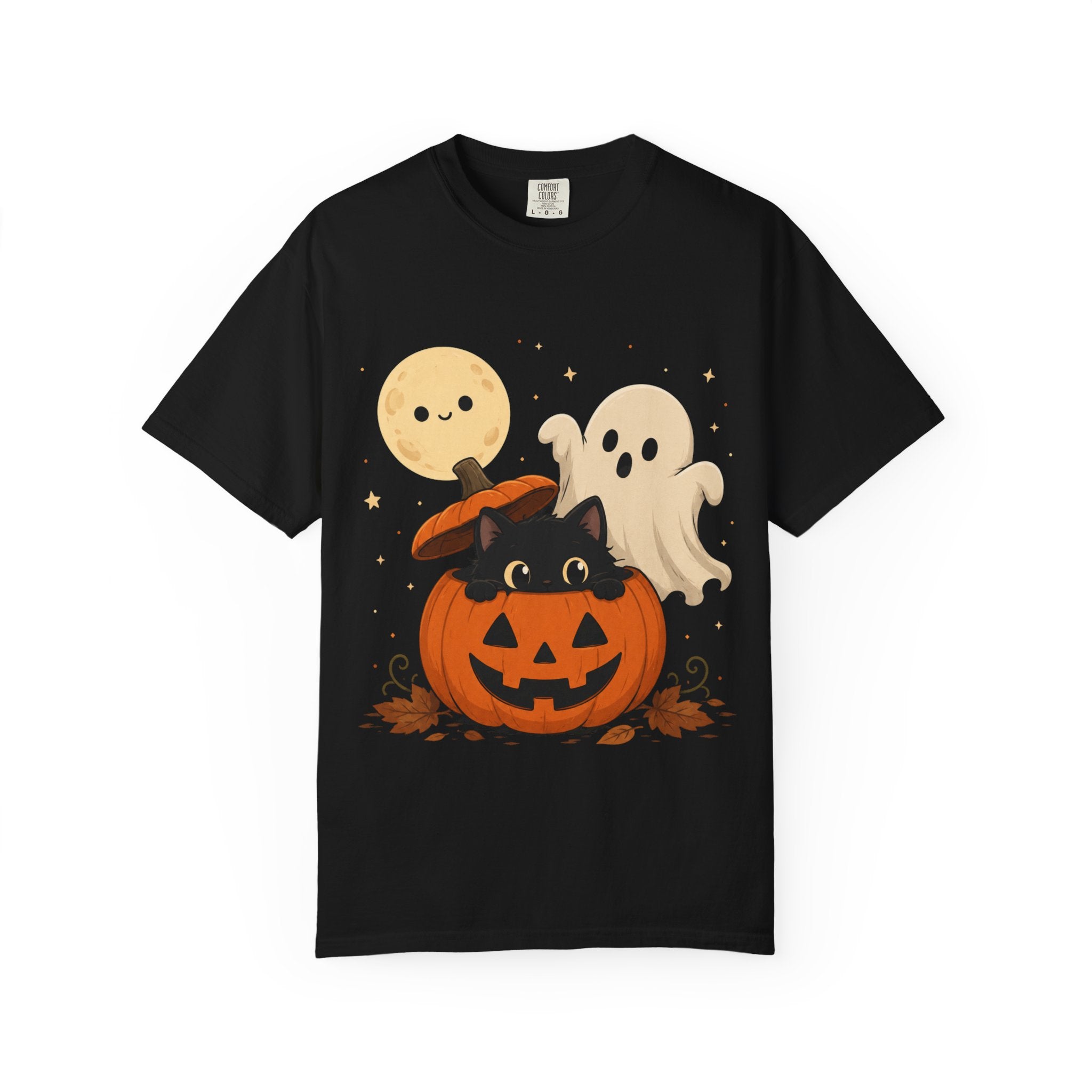 Halloween Cute Pumpkin Cat Tee — Kawaii Ghosts & Moon Graphic T-Shirt