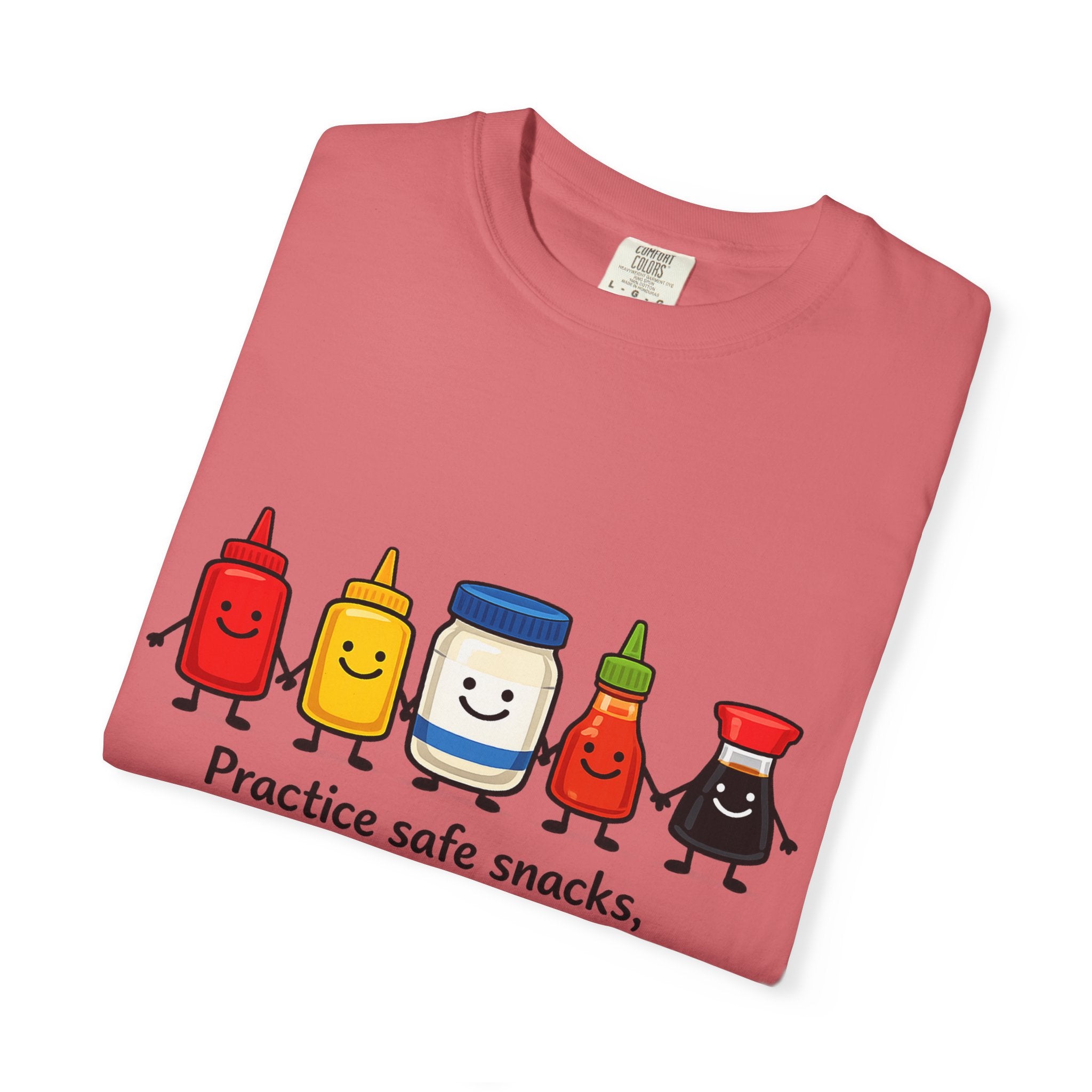 Condom Cartoon T-Shirt — "Practice Safe Snacks" Funny Safe Sex Graphic Tee