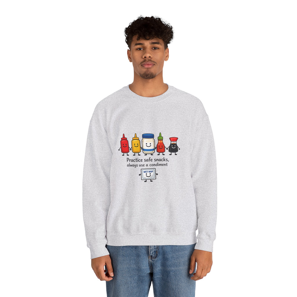 Condiment Cartoon 'Practice Safe Snacks' Sweatshirt | Ketchup Mustard Mayo Funny Food Design