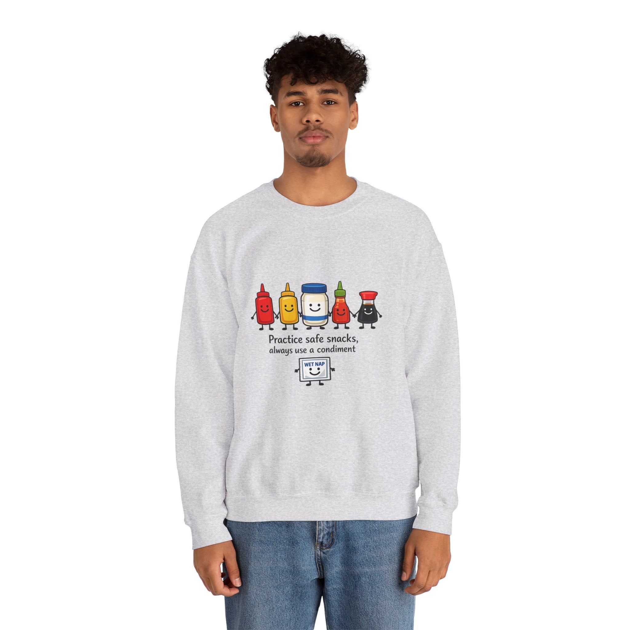 Condiment Cartoon 'Practice Safe Snacks' Sweatshirt | Ketchup Mustard Mayo Funny Food Design
