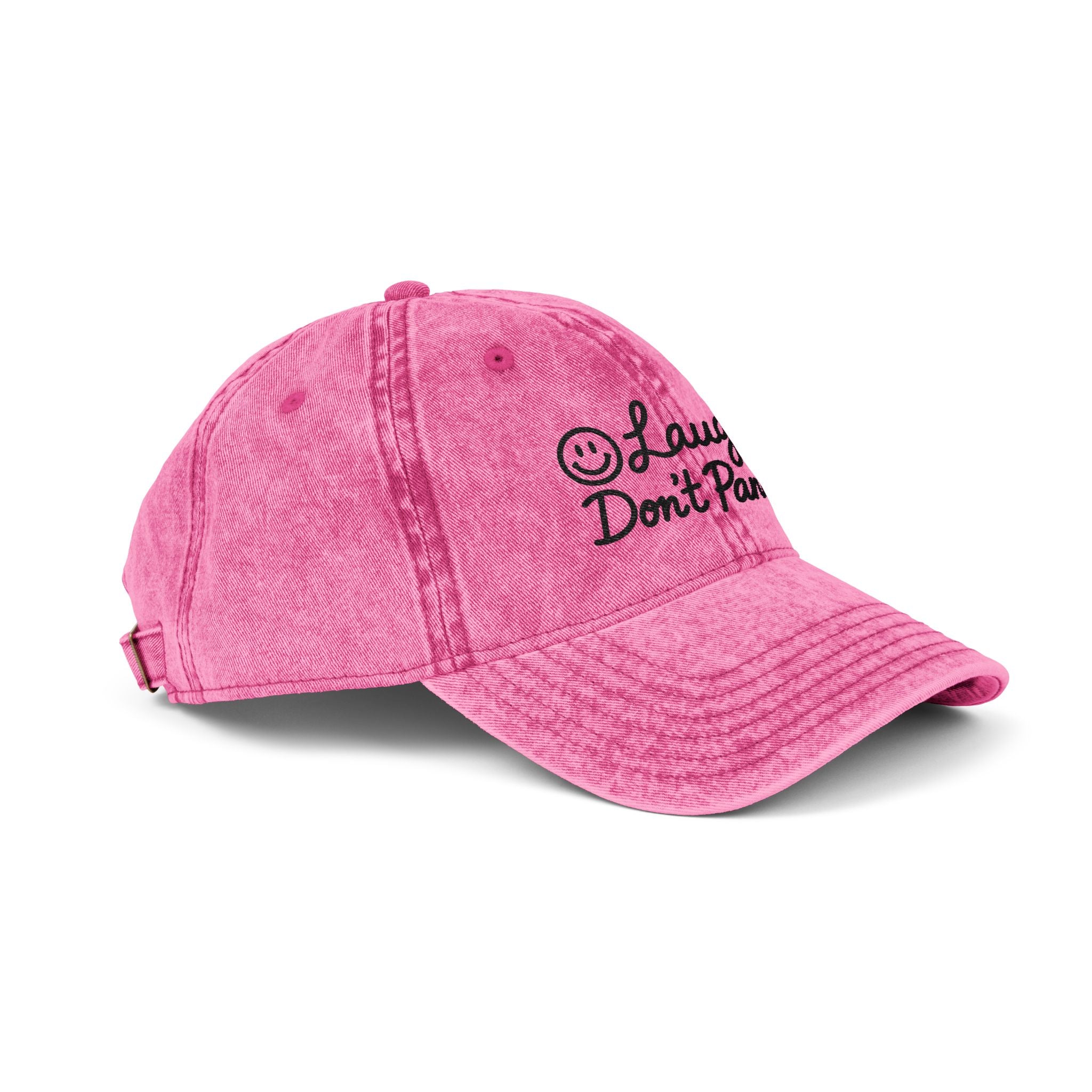 Vintage Embroidered Cap — "Laugh, Don’t Panic" Red Distressed Hat