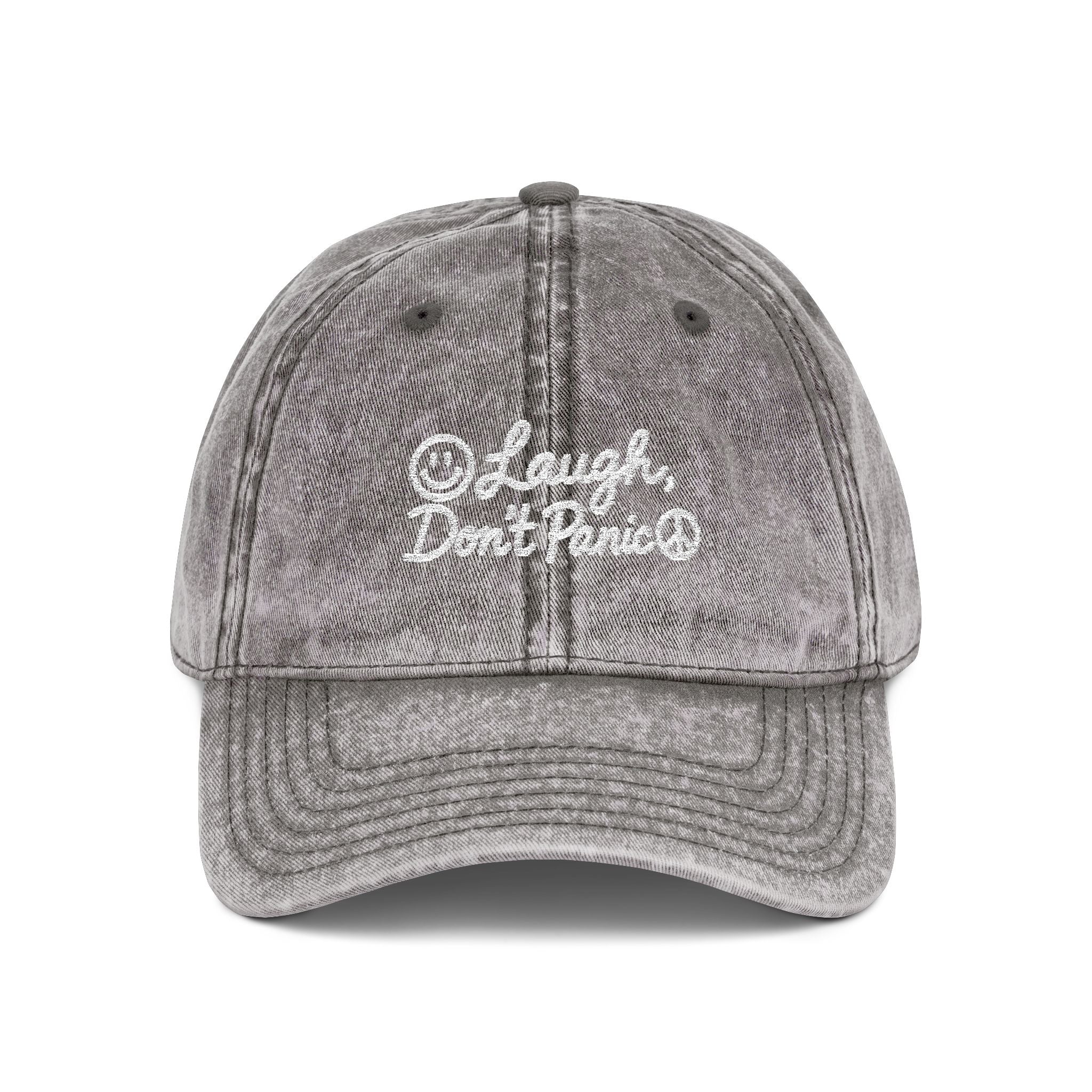 Vintage Red Embroidered Cap – “Laugh Don’t Panic” Smiley Dad Hat
