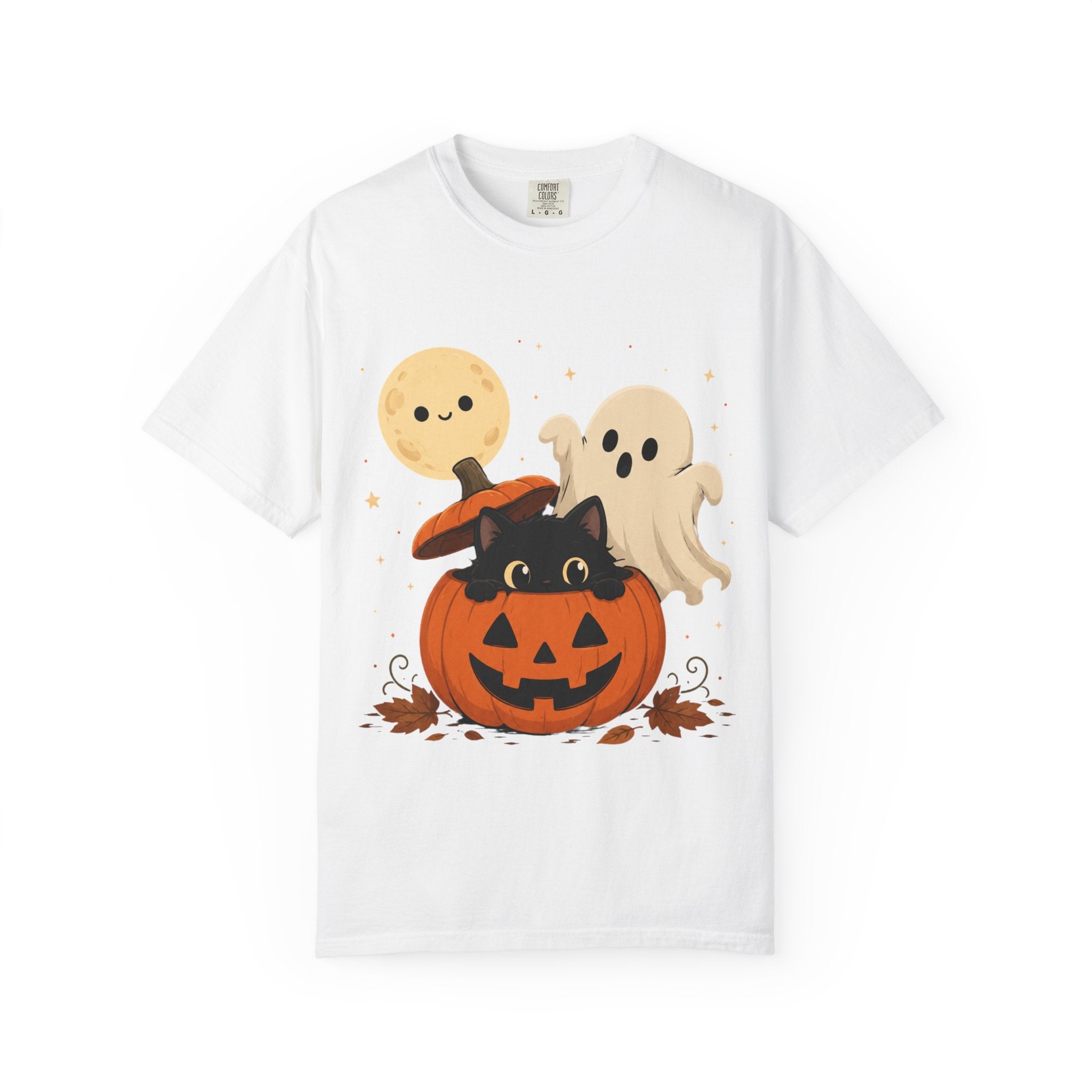 Halloween Cute Pumpkin Cat Tee — Kawaii Ghosts & Moon Graphic T-Shirt