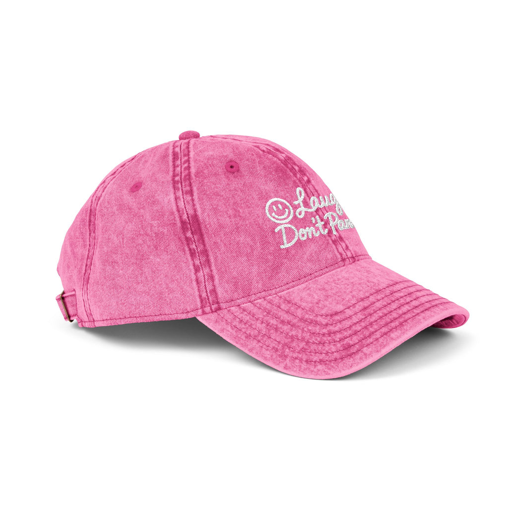 Vintage Red Embroidered Cap – “Laugh Don’t Panic” Smiley Dad Hat