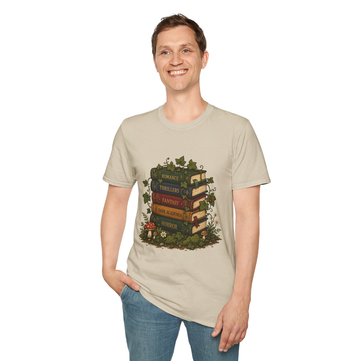 Book Lover T-Shirt — Vintage Stacked Books Design (Romance, Thrillers, Fantasy)