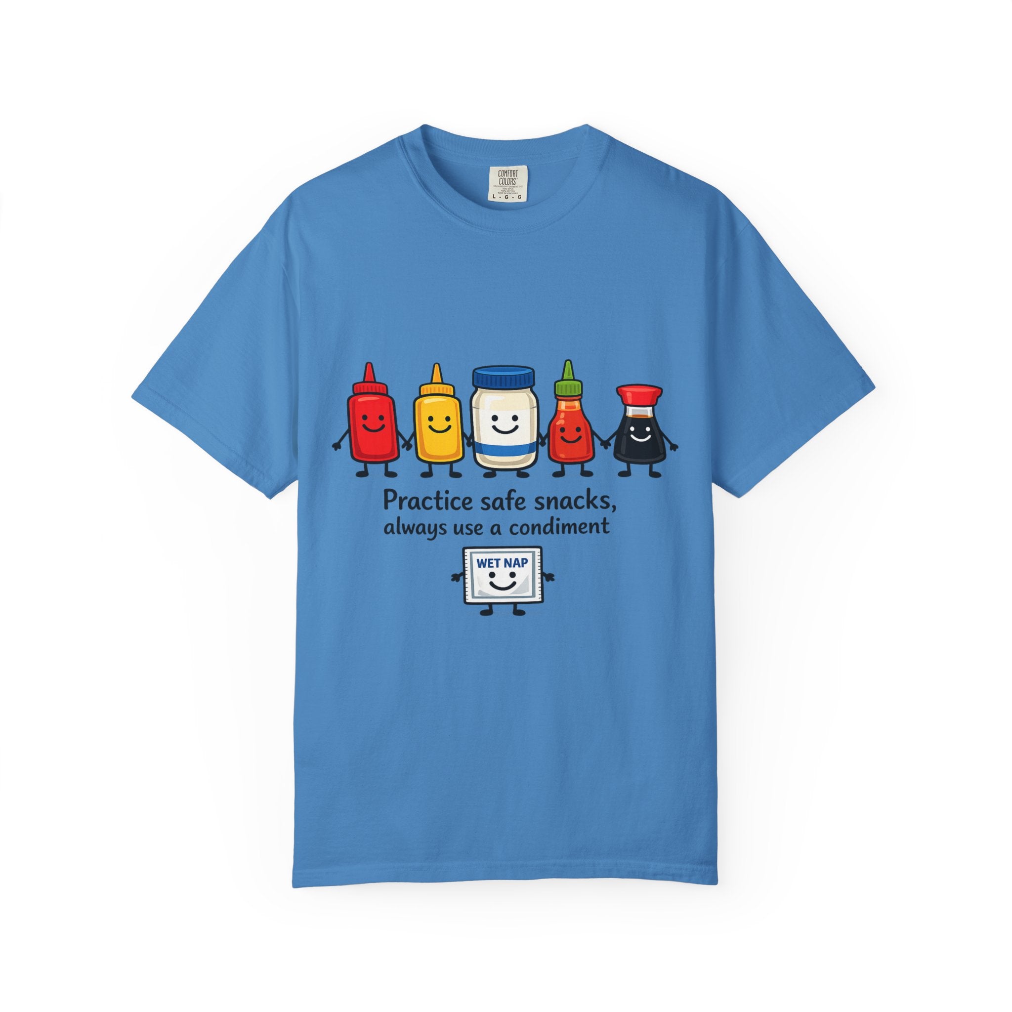 Condom Cartoon T-Shirt — "Practice Safe Snacks" Funny Safe Sex Graphic Tee