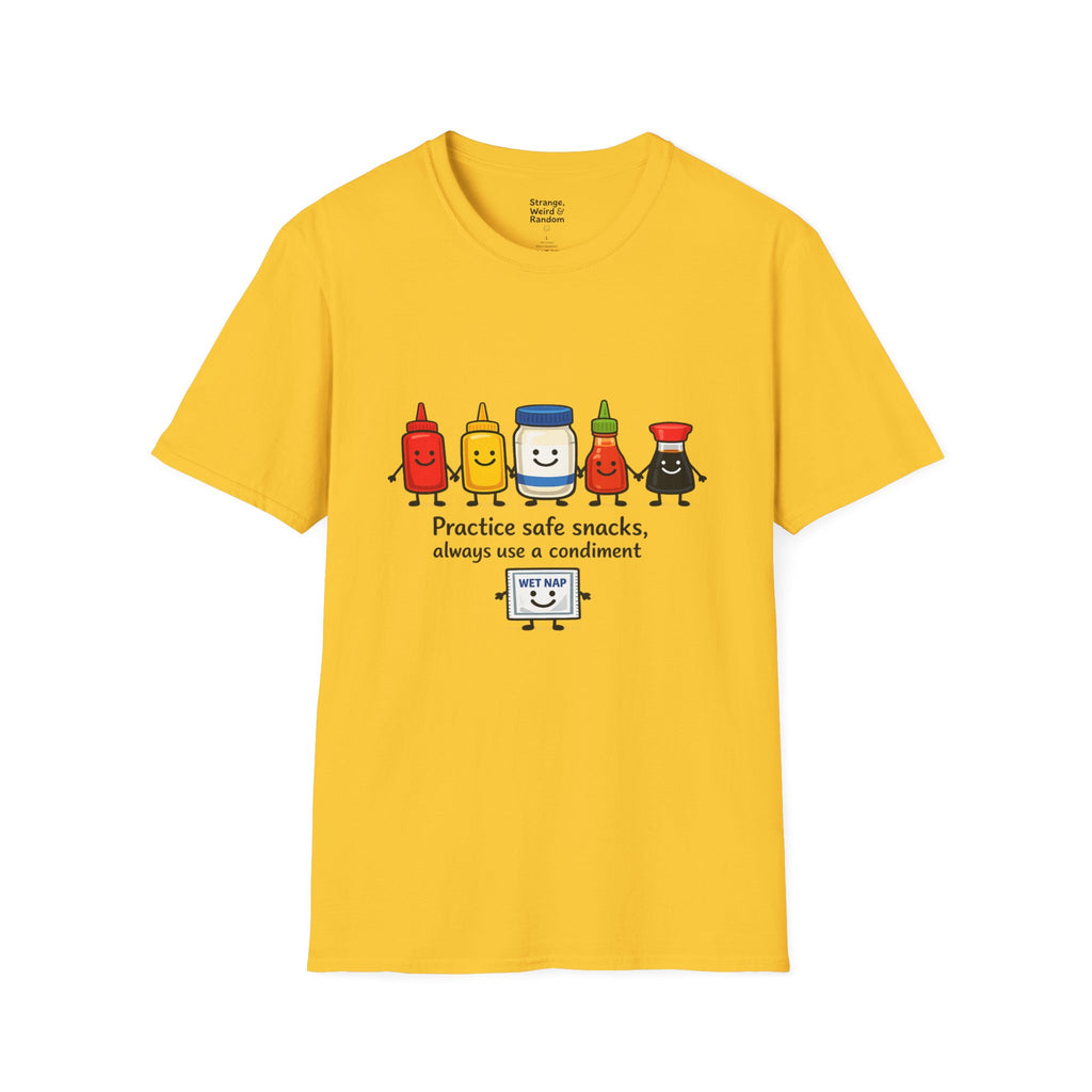 Practice Safe Snacks condiment characters T-Shirt | Ketchup Mustard Peanut Butter Jelly