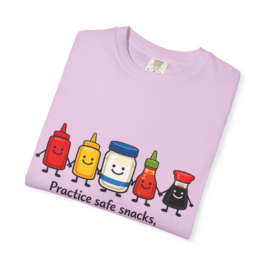 Condom Cartoon T-Shirt — "Practice Safe Snacks" Funny Safe Sex Graphic Tee