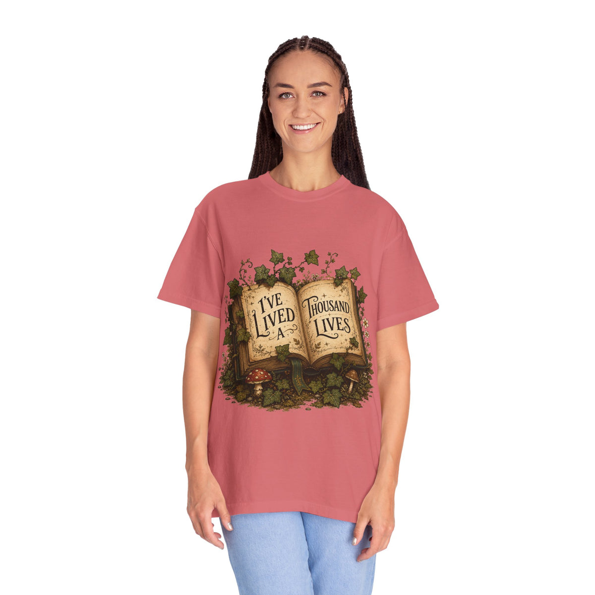 Book Lover T-Shirt — "I've Lived A Thousand Lives" Vintage Open Book Design