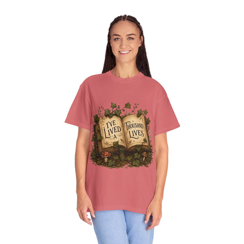 Book Lover T-Shirt — "I've Lived A Thousand Lives" Vintage Open Book Design