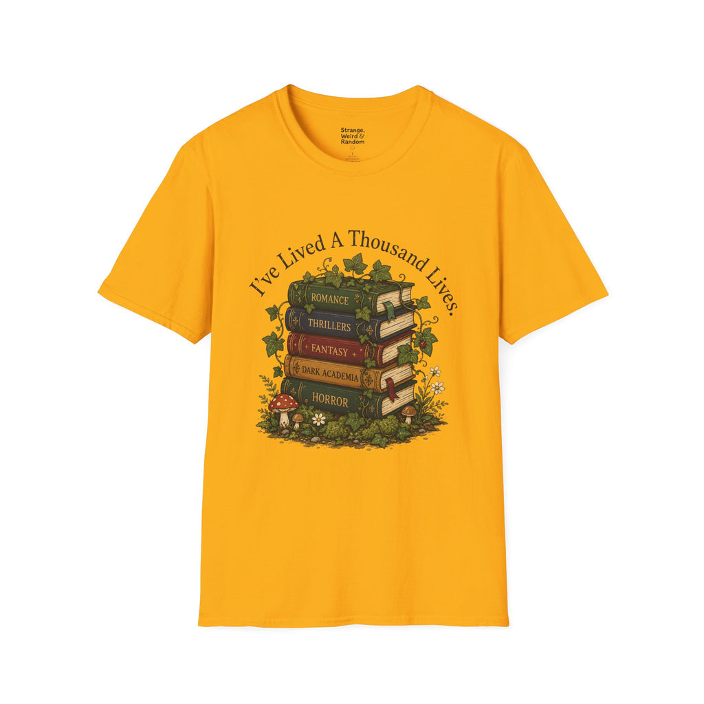 Book Lover T-Shirt — "I've Lived A Thousand Lives" Vintage Stack of Books Design