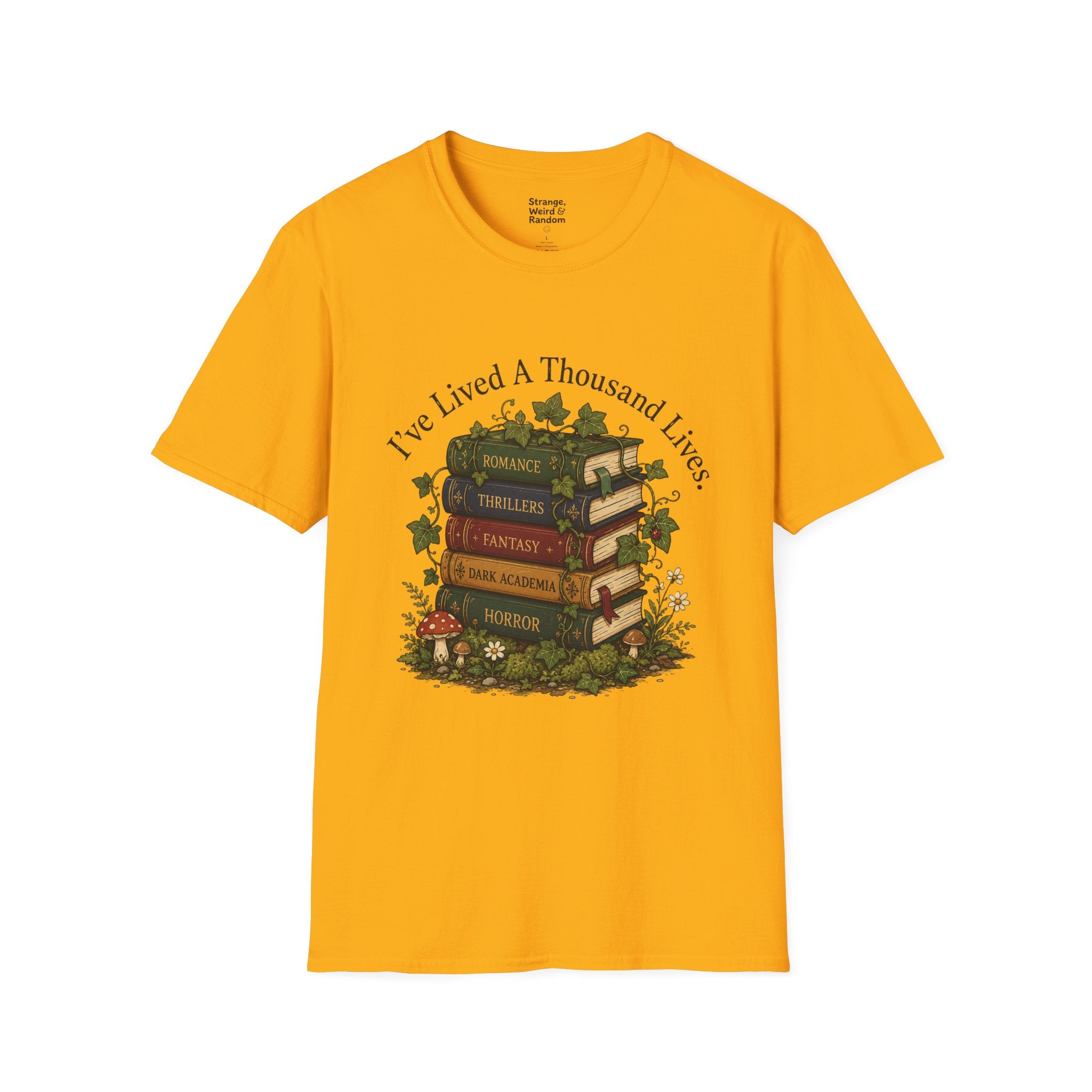 Book Lover T-Shirt — "I've Lived A Thousand Lives" Vintage Stack of Books Design