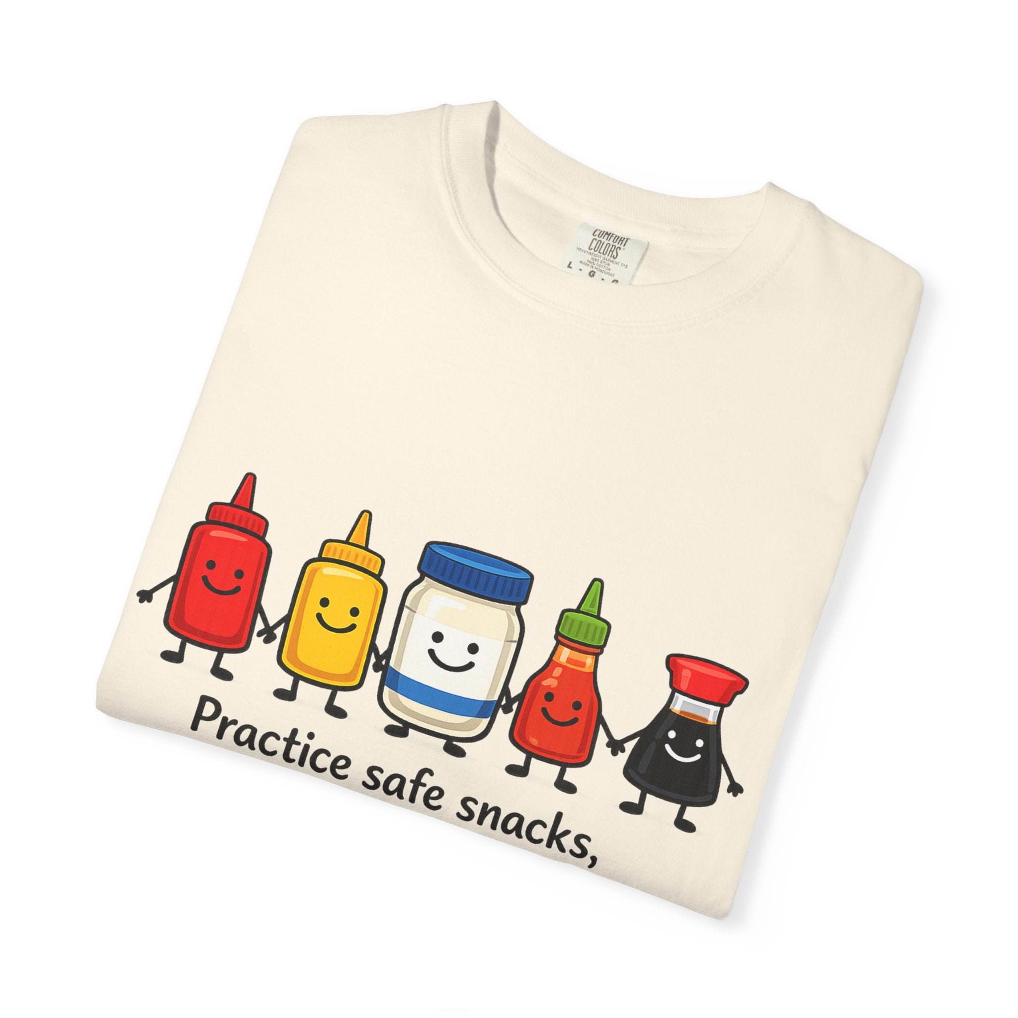 Condom Cartoon T-Shirt — "Practice Safe Snacks" Funny Safe Sex Graphic Tee