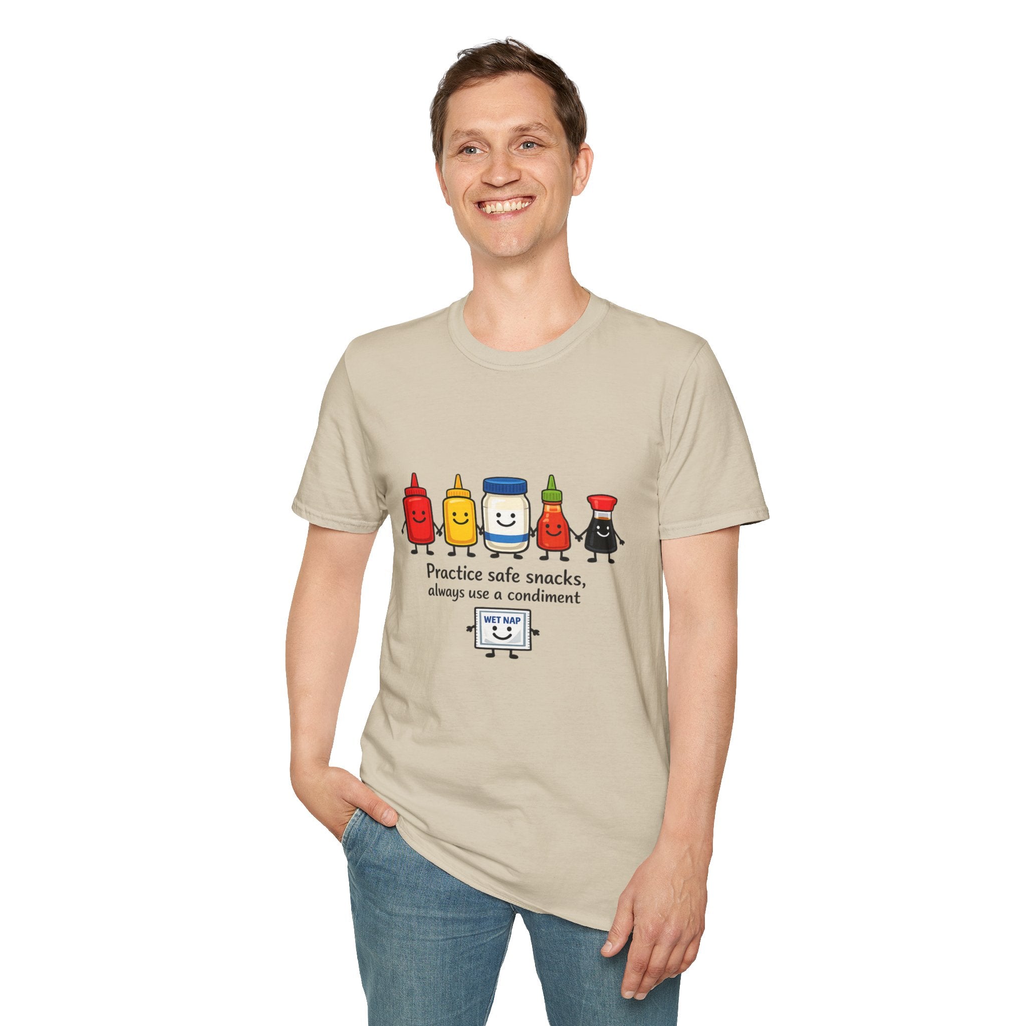 Practice Safe Snacks condiment characters T-Shirt | Ketchup Mustard Peanut Butter Jelly