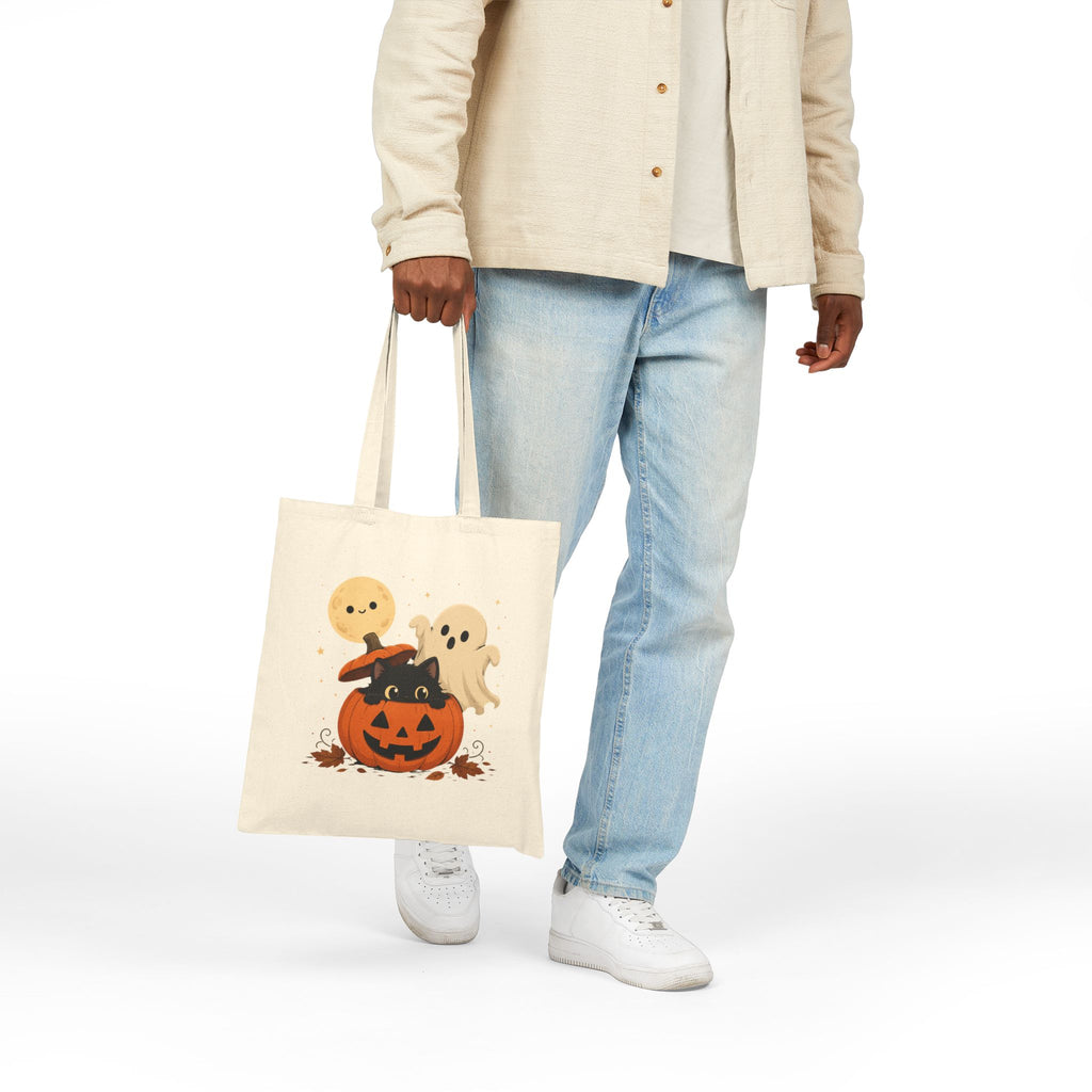 Reusable Double Sided Trick-or-Treat Bag Halloween Cotton Canvas Tote — Cute Pumpkin with Black Cat & Ghosts, Trick or Treat