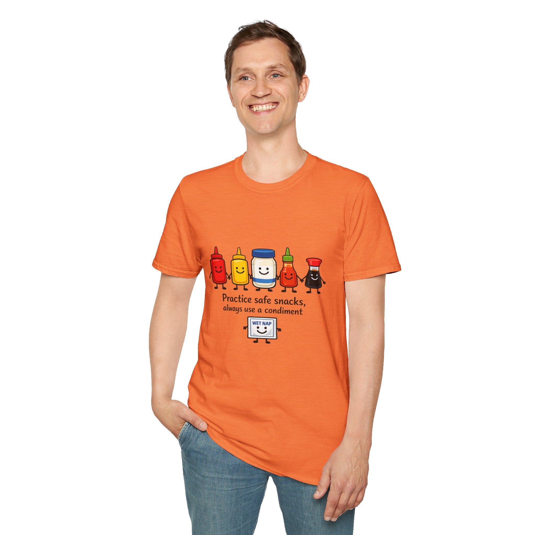 Practice Safe Snacks condiment characters T-Shirt | Ketchup Mustard Peanut Butter Jelly