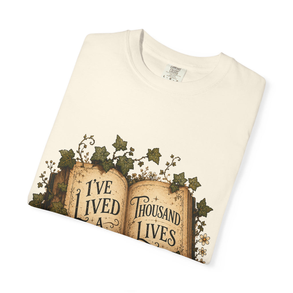 Book Lover T-Shirt — "I've Lived A Thousand Lives" Vintage Open Book Design