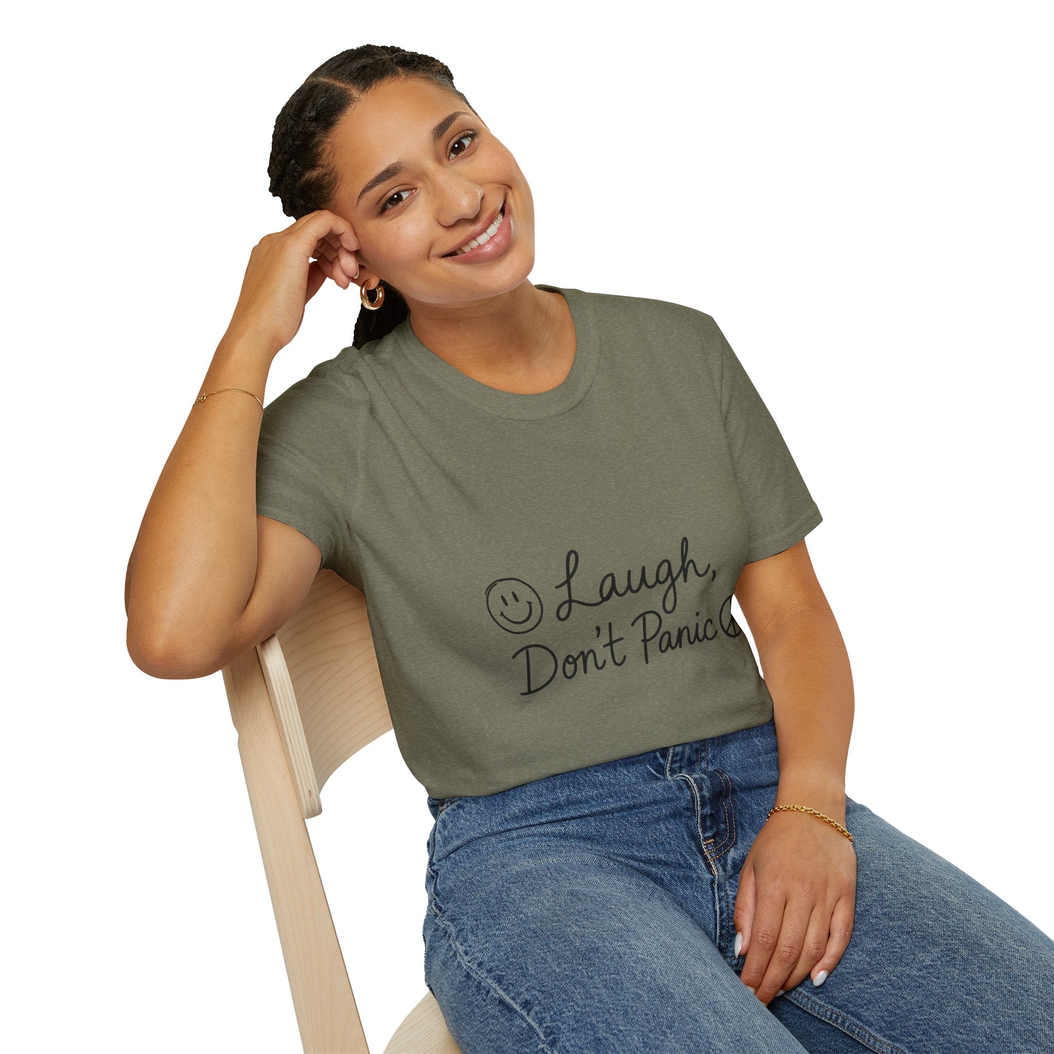 Laugh Don't Panic T-Shirt | Smiley Peace Sign Typography