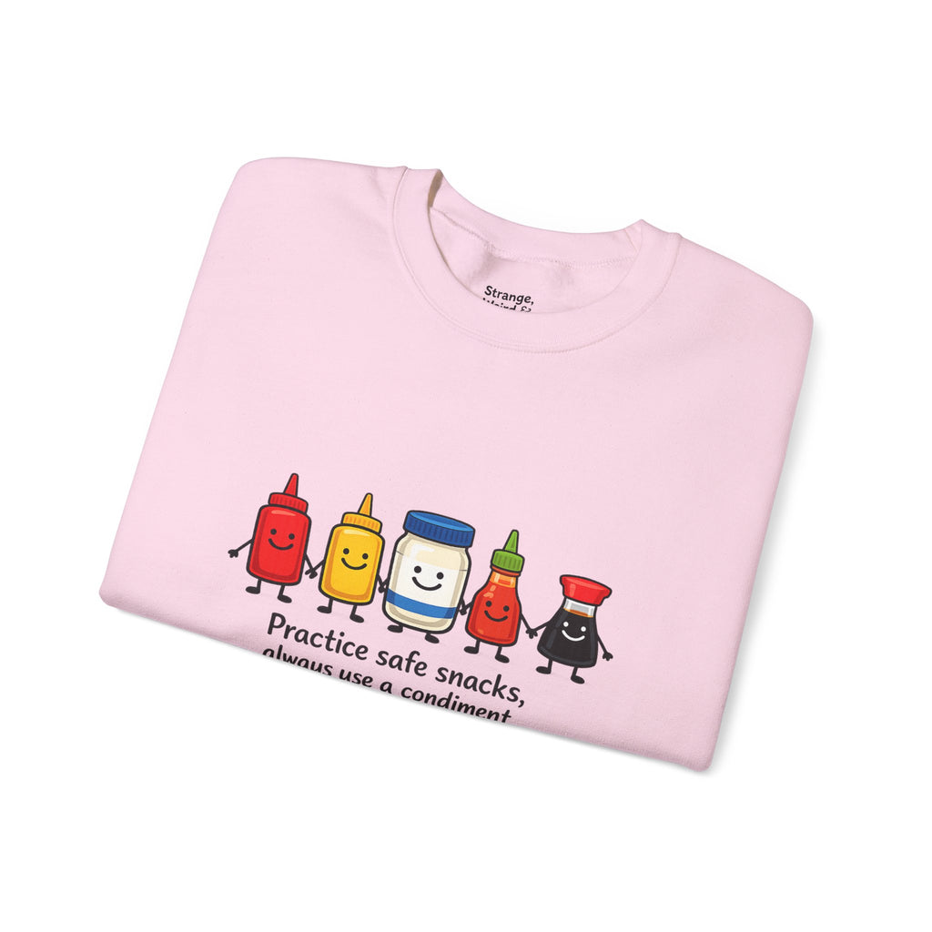 Condiment Cartoon 'Practice Safe Snacks' Sweatshirt | Ketchup Mustard Mayo Funny Food Design