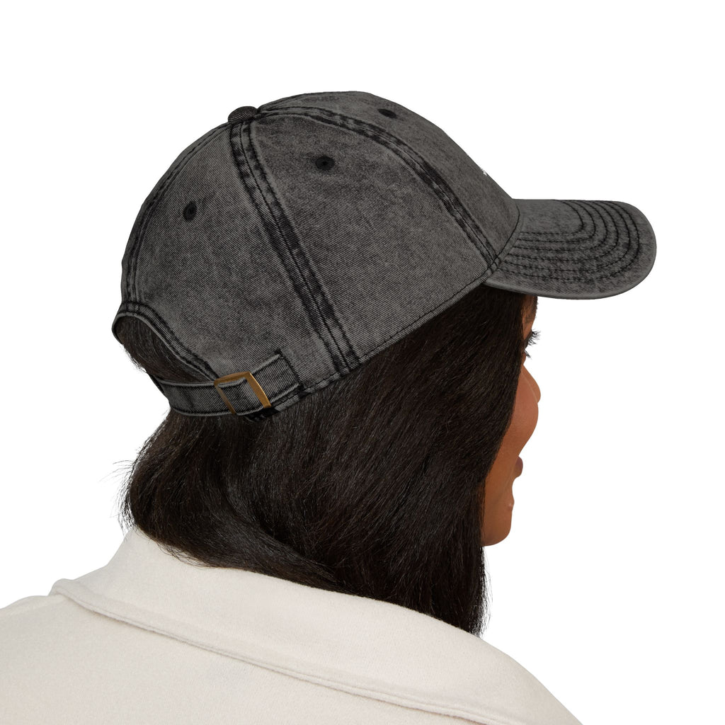 Vintage Red Embroidered Cap – “Laugh Don’t Panic” Smiley Dad Hat