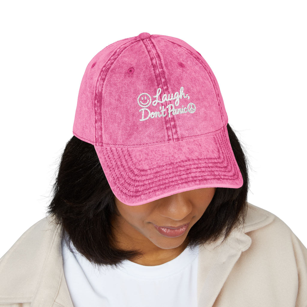 Vintage Red Embroidered Cap – “Laugh Don’t Panic” Smiley Dad Hat
