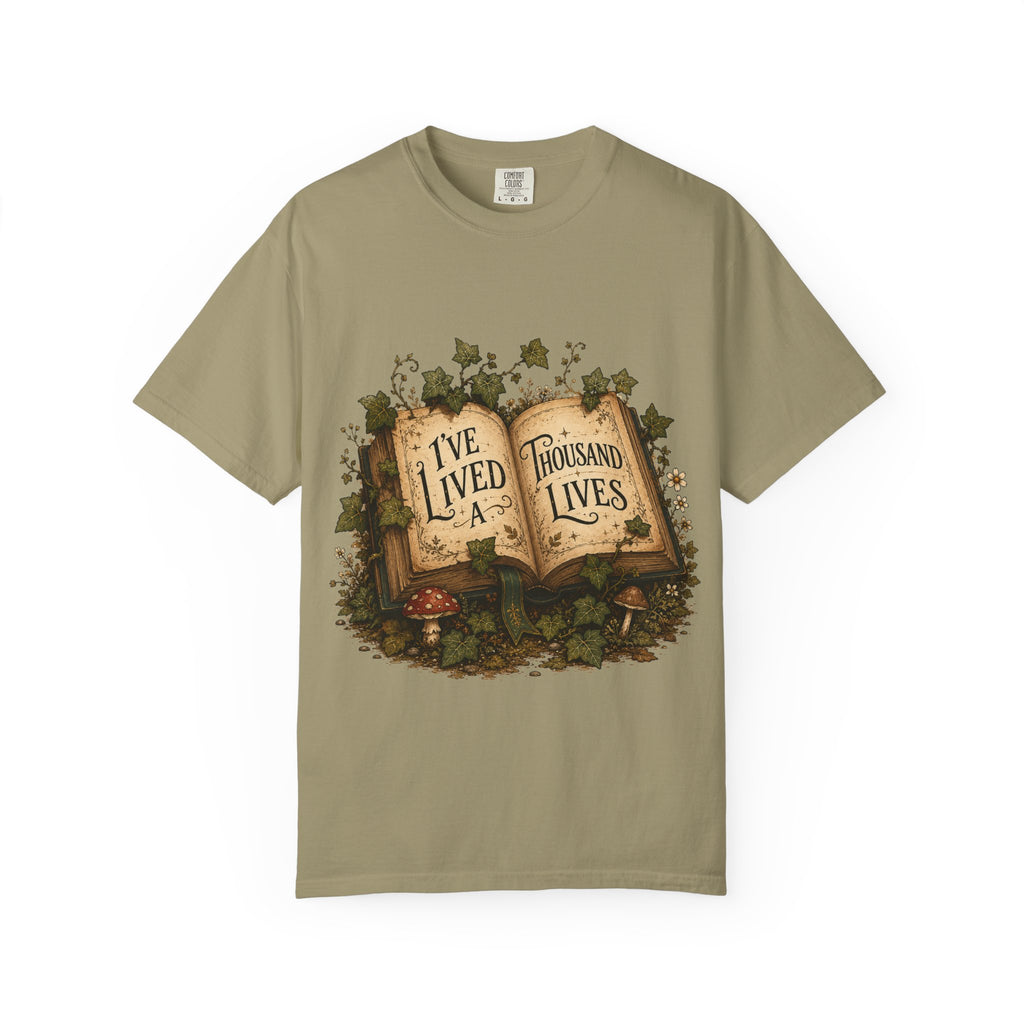 Book Lover T-Shirt — "I've Lived A Thousand Lives" Vintage Open Book Design