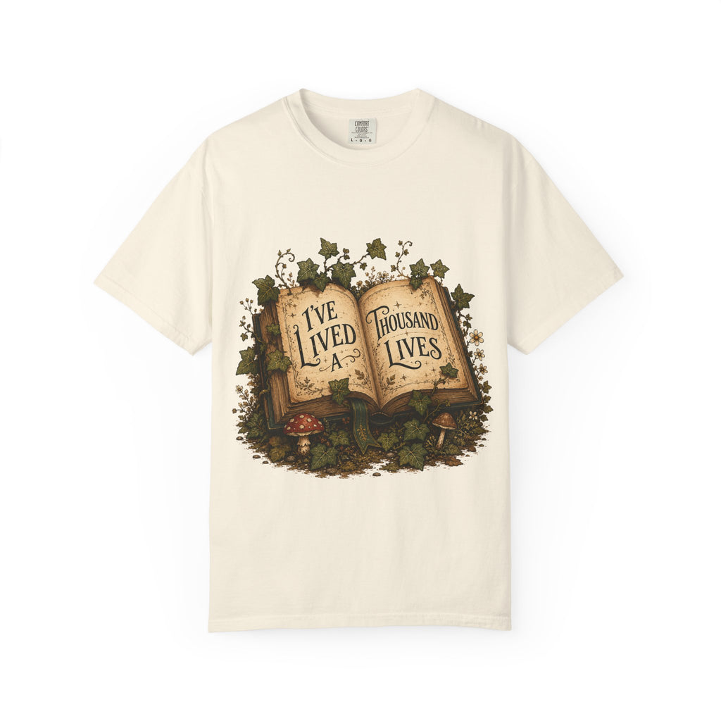 Book Lover T-Shirt — "I've Lived A Thousand Lives" Vintage Open Book Design
