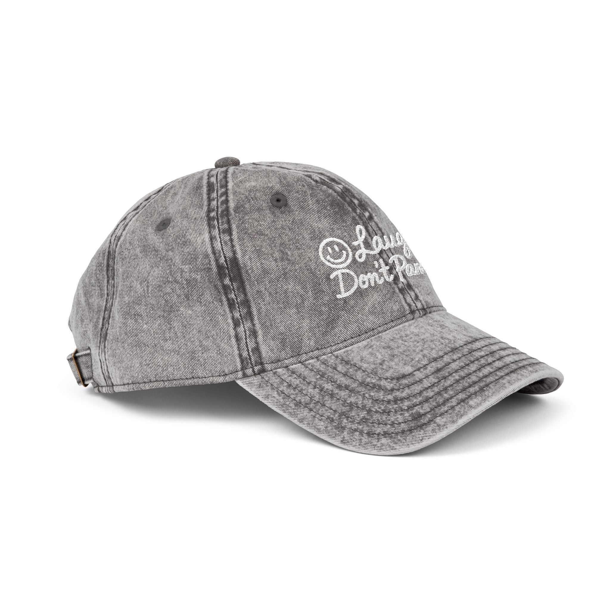 Vintage Red Embroidered Cap – “Laugh Don’t Panic” Smiley Dad Hat