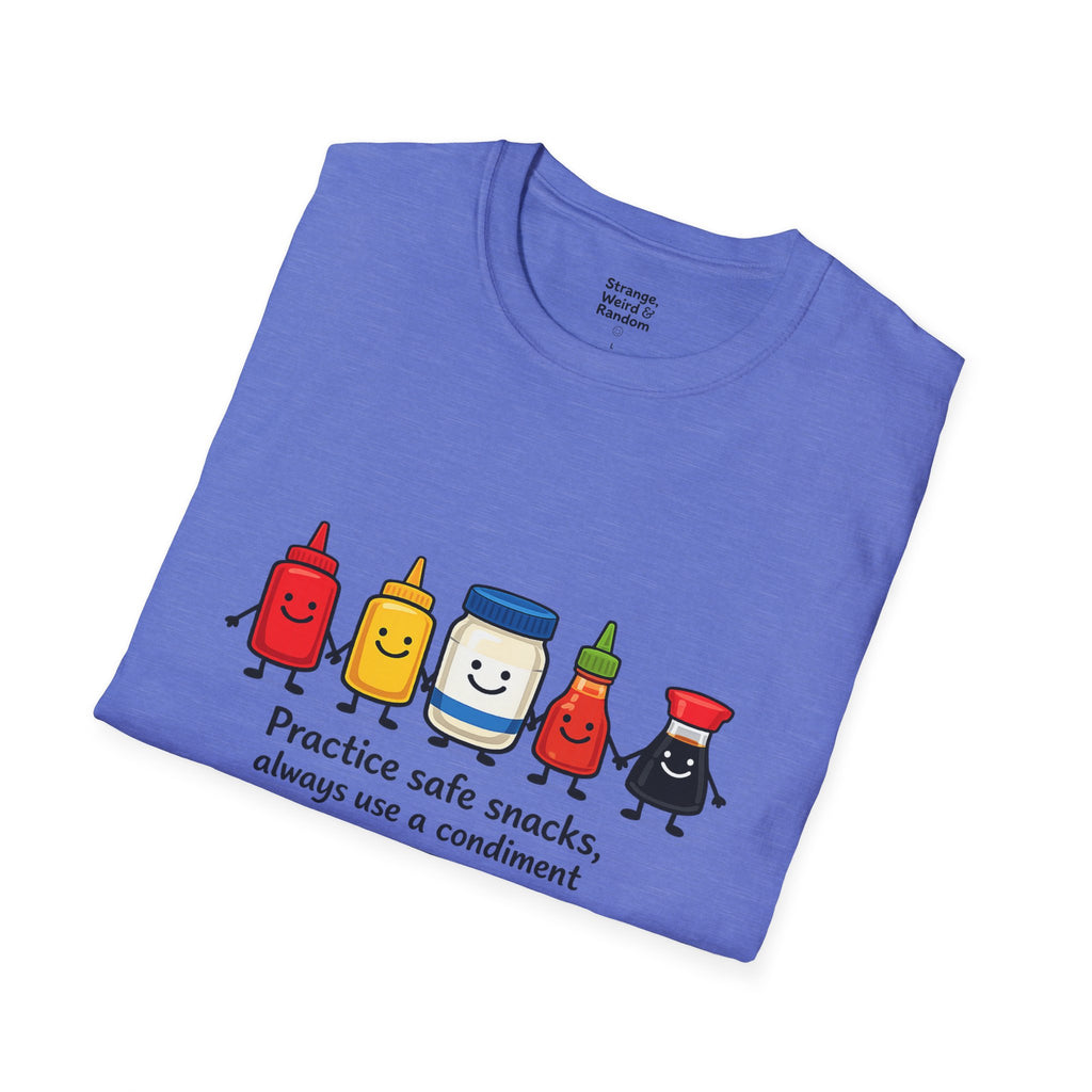 Practice Safe Snacks condiment characters T-Shirt | Ketchup Mustard Peanut Butter Jelly