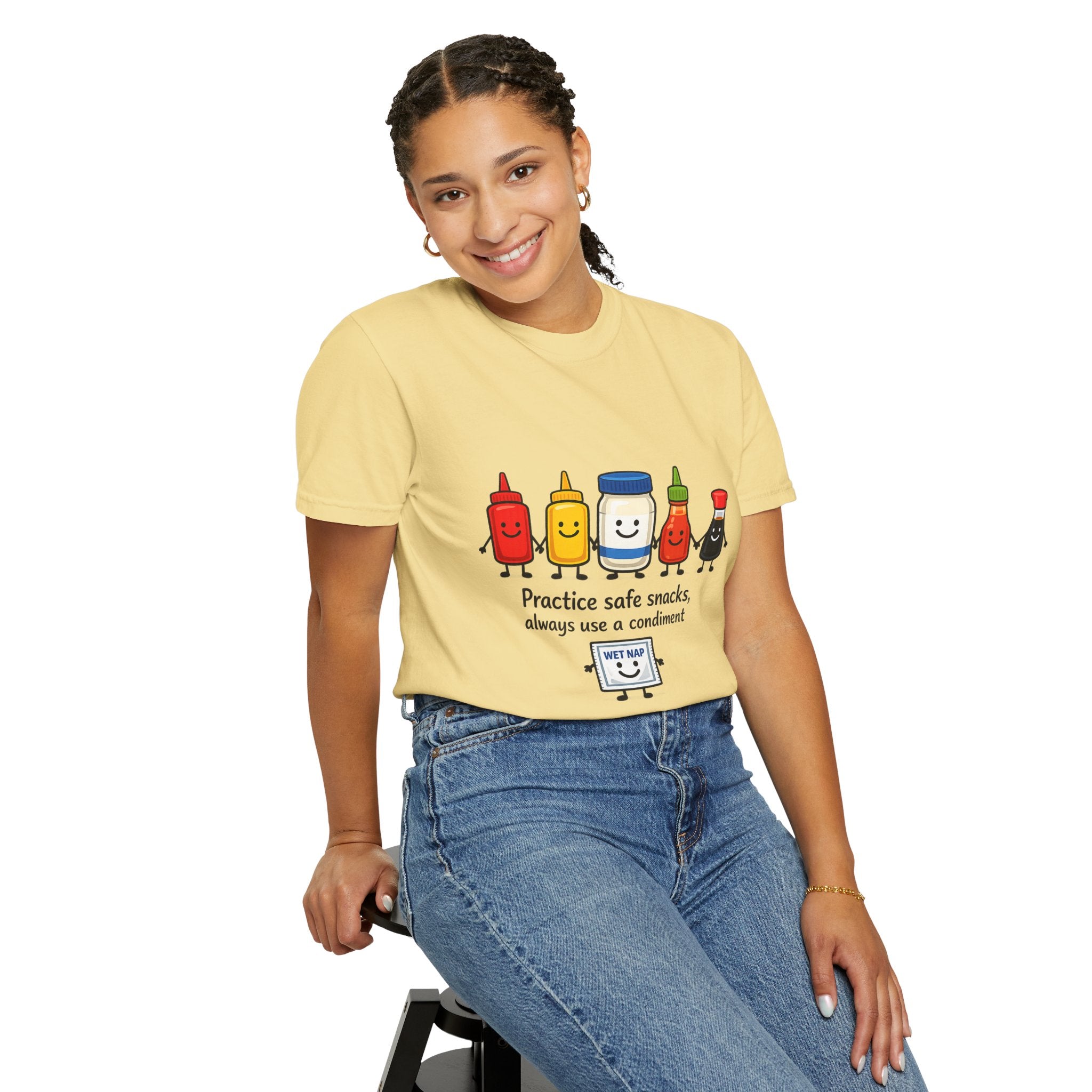 Condom Cartoon T-Shirt — "Practice Safe Snacks" Funny Safe Sex Graphic Tee