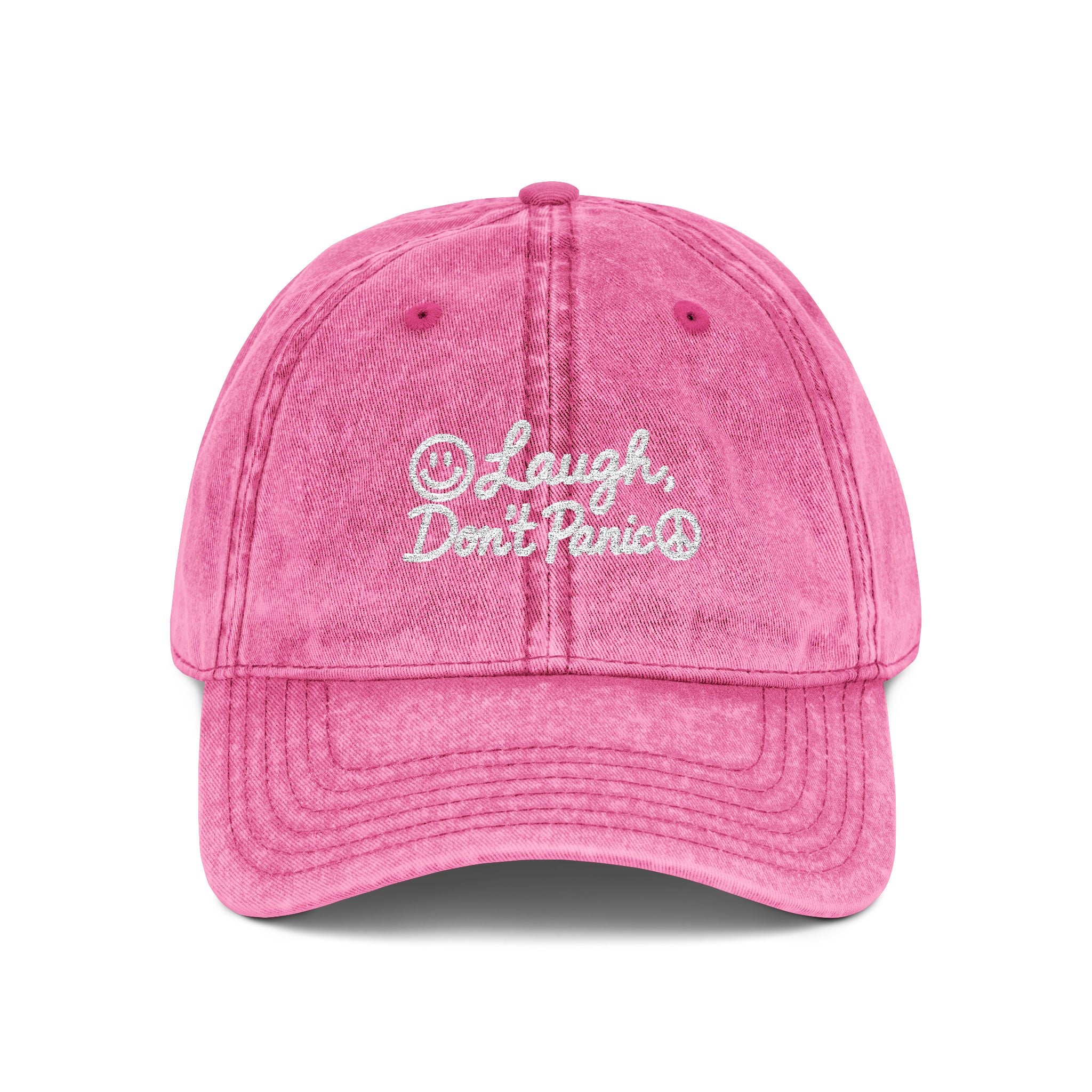 Vintage Red Embroidered Cap – “Laugh Don’t Panic” Smiley Dad Hat