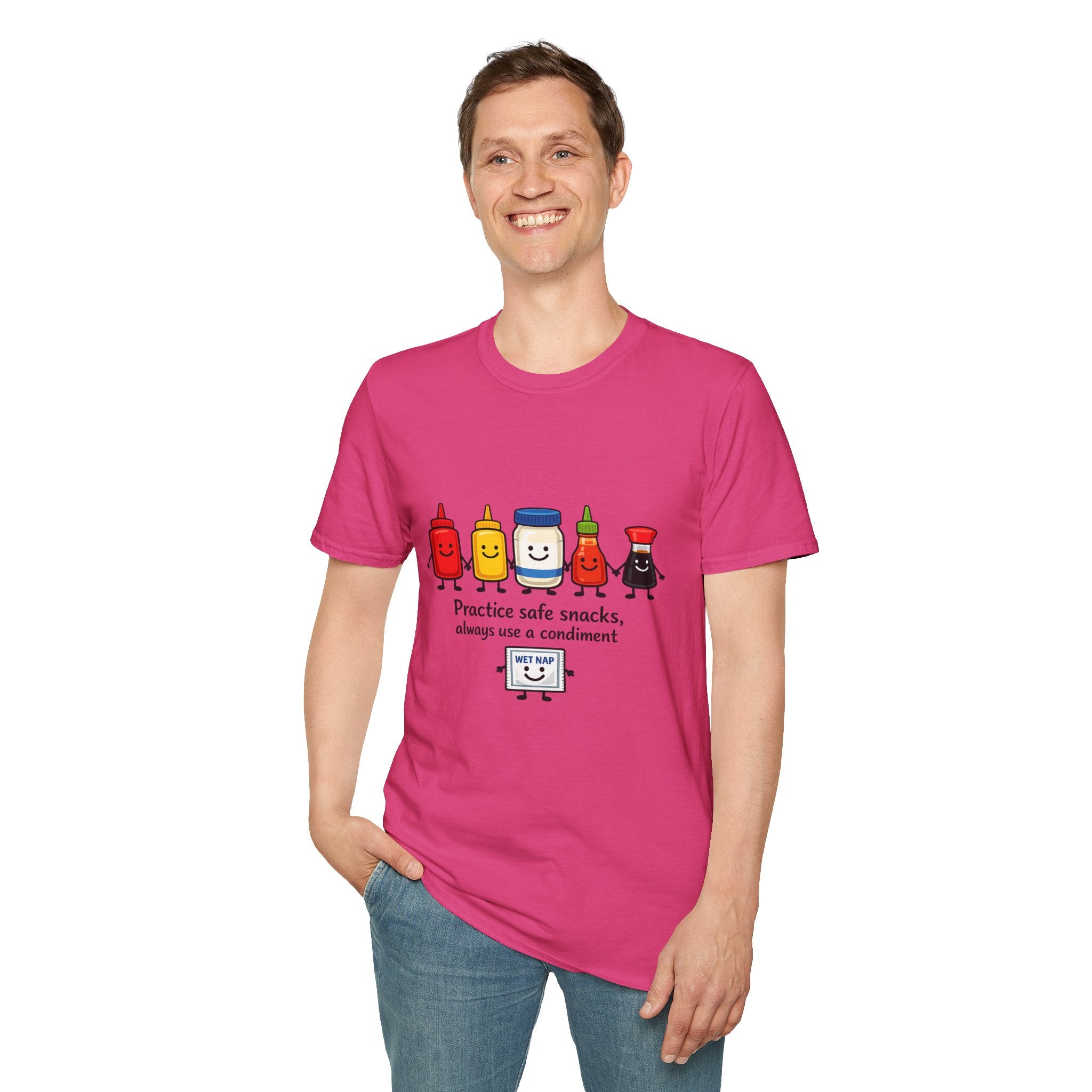 Practice Safe Snacks condiment characters T-Shirt | Ketchup Mustard Peanut Butter Jelly