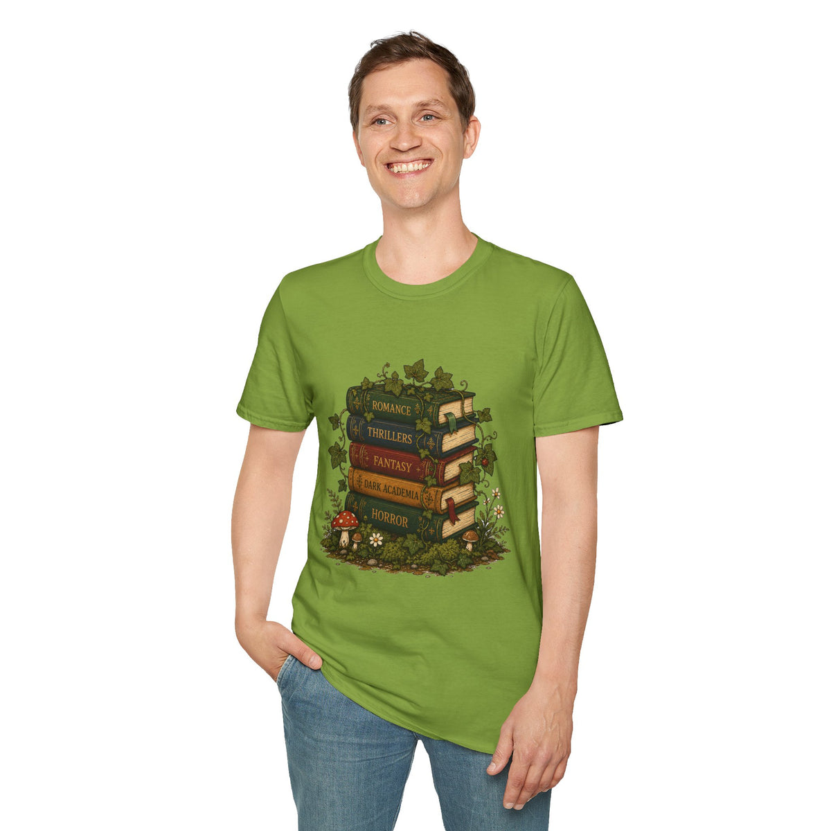Book Lover T-Shirt — Vintage Stacked Books Design (Romance, Thrillers, Fantasy)