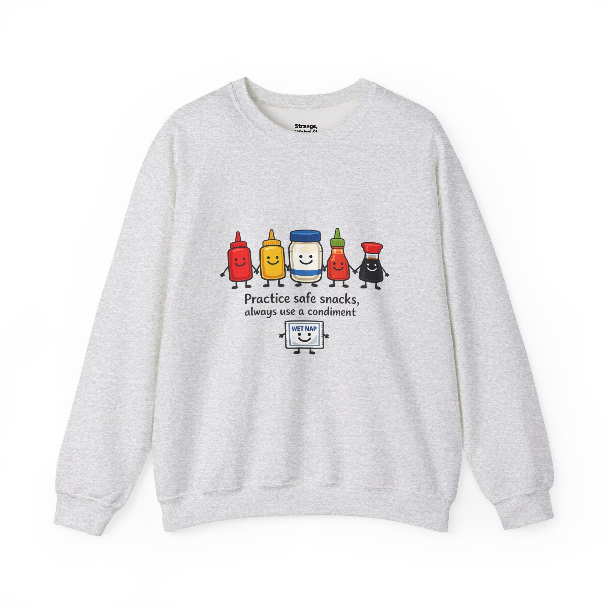 Condiment Cartoon 'Practice Safe Snacks' Sweatshirt | Ketchup Mustard Mayo Funny Food Design